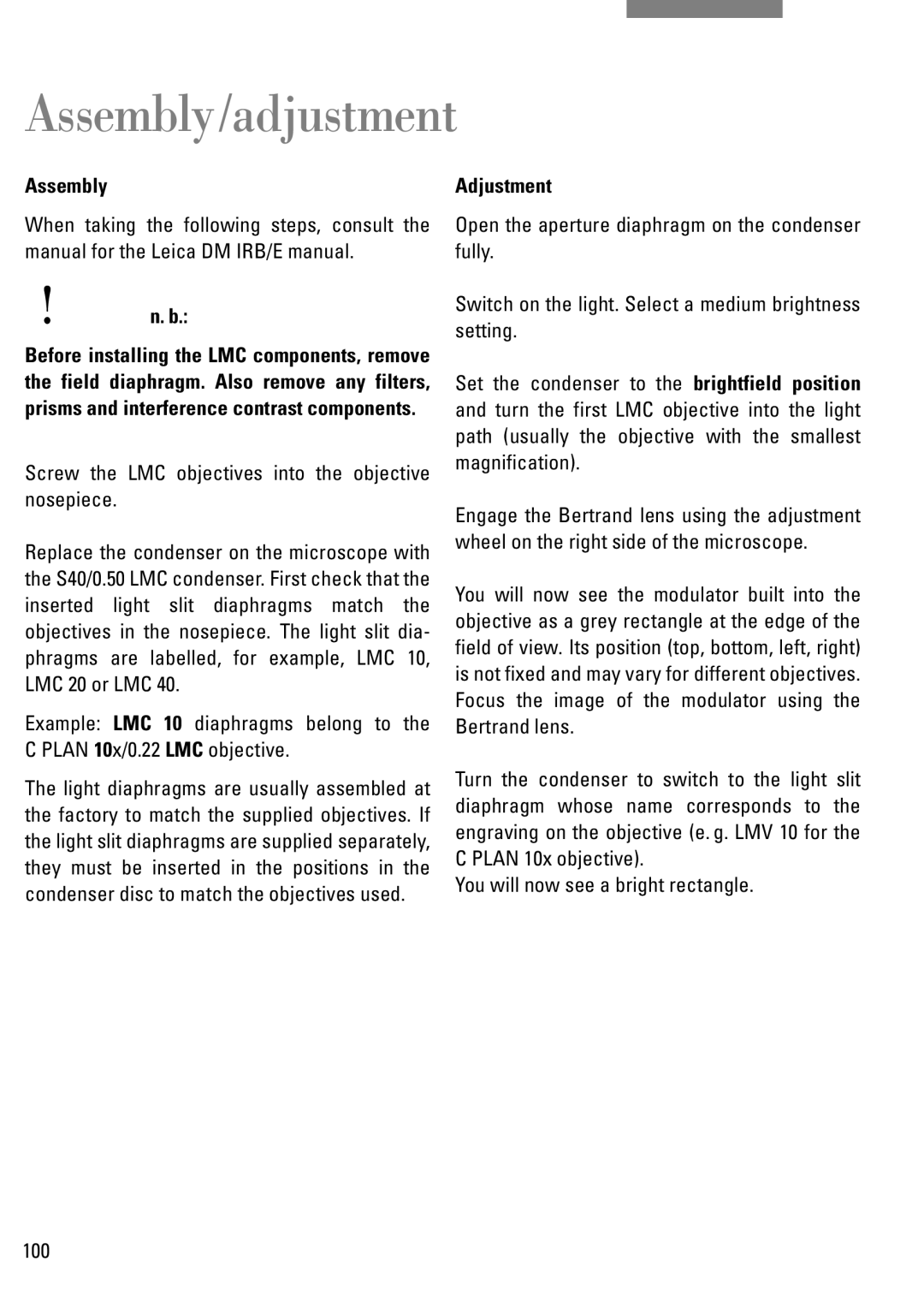 Leica DM IRB manual Assembly/adjustment, Screw the LMC objectives into the objective nosepiece, Adjustment 