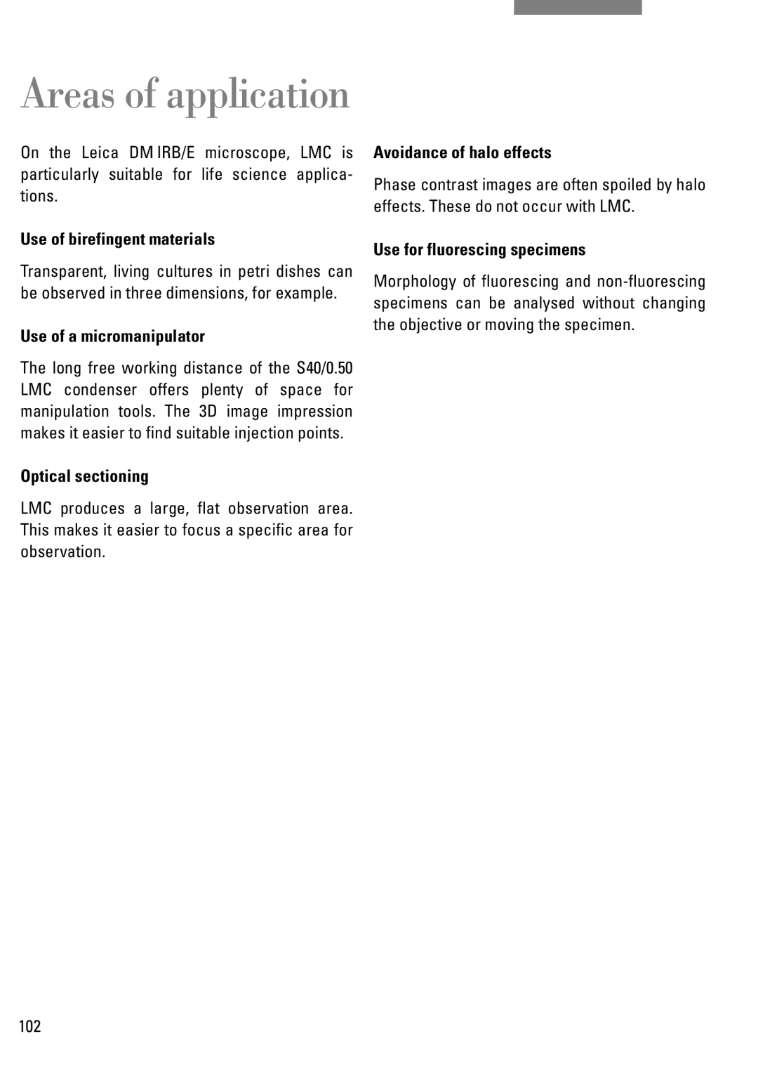 Leica DM IRB manual Areas of application 