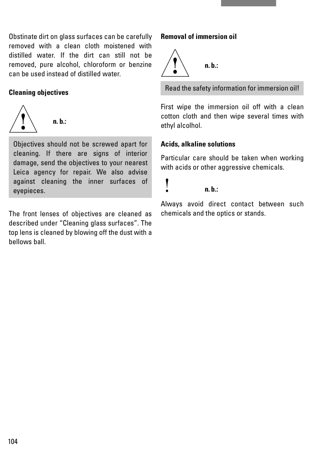 Leica DM IRB manual Cleaning objectives, Removal of immersion oil, Acids, alkaline solutions 