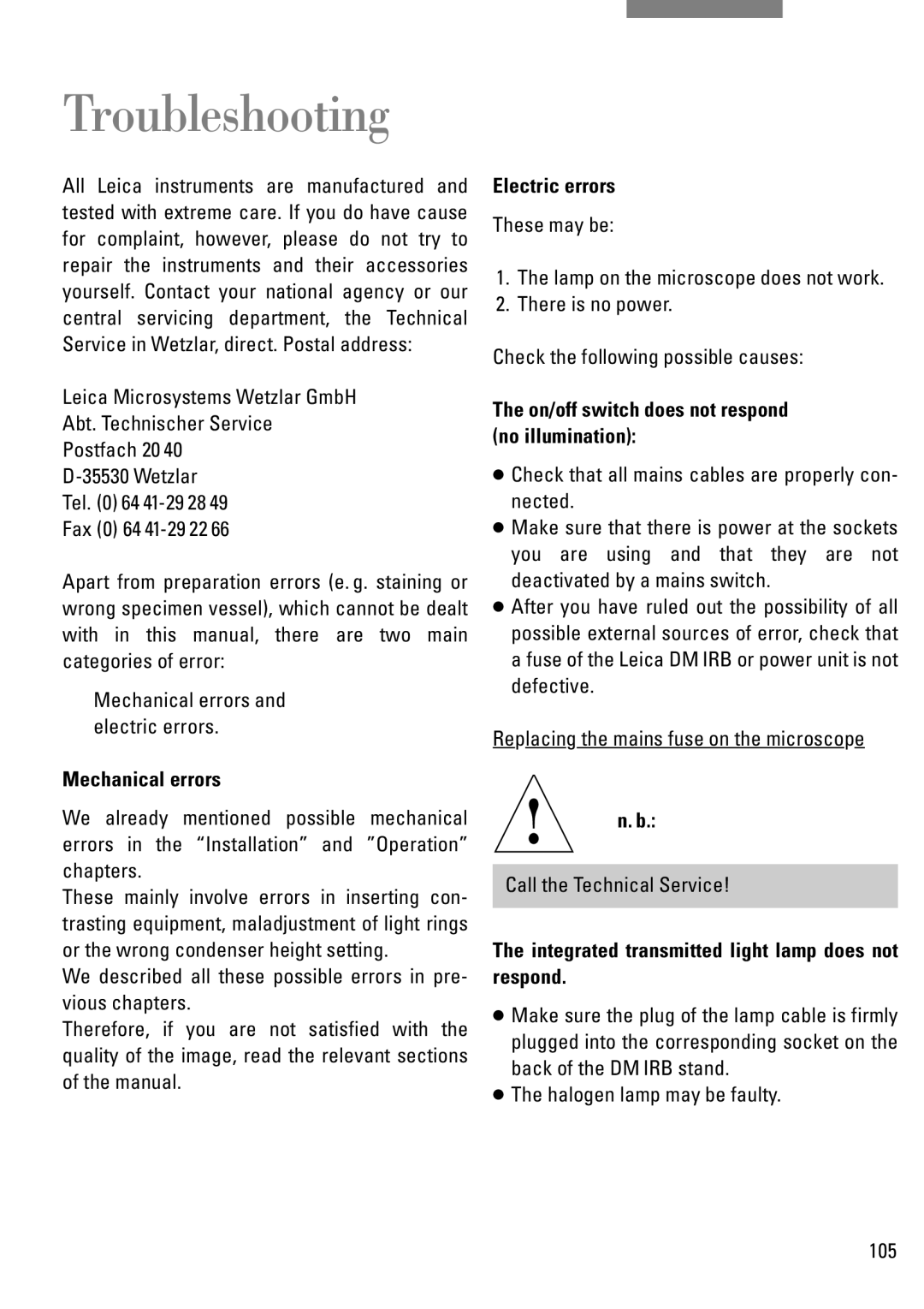 Leica DM IRB manual Troubleshooting, Mechanical errors, Electric errors, On/off switch does not respond no illumination 