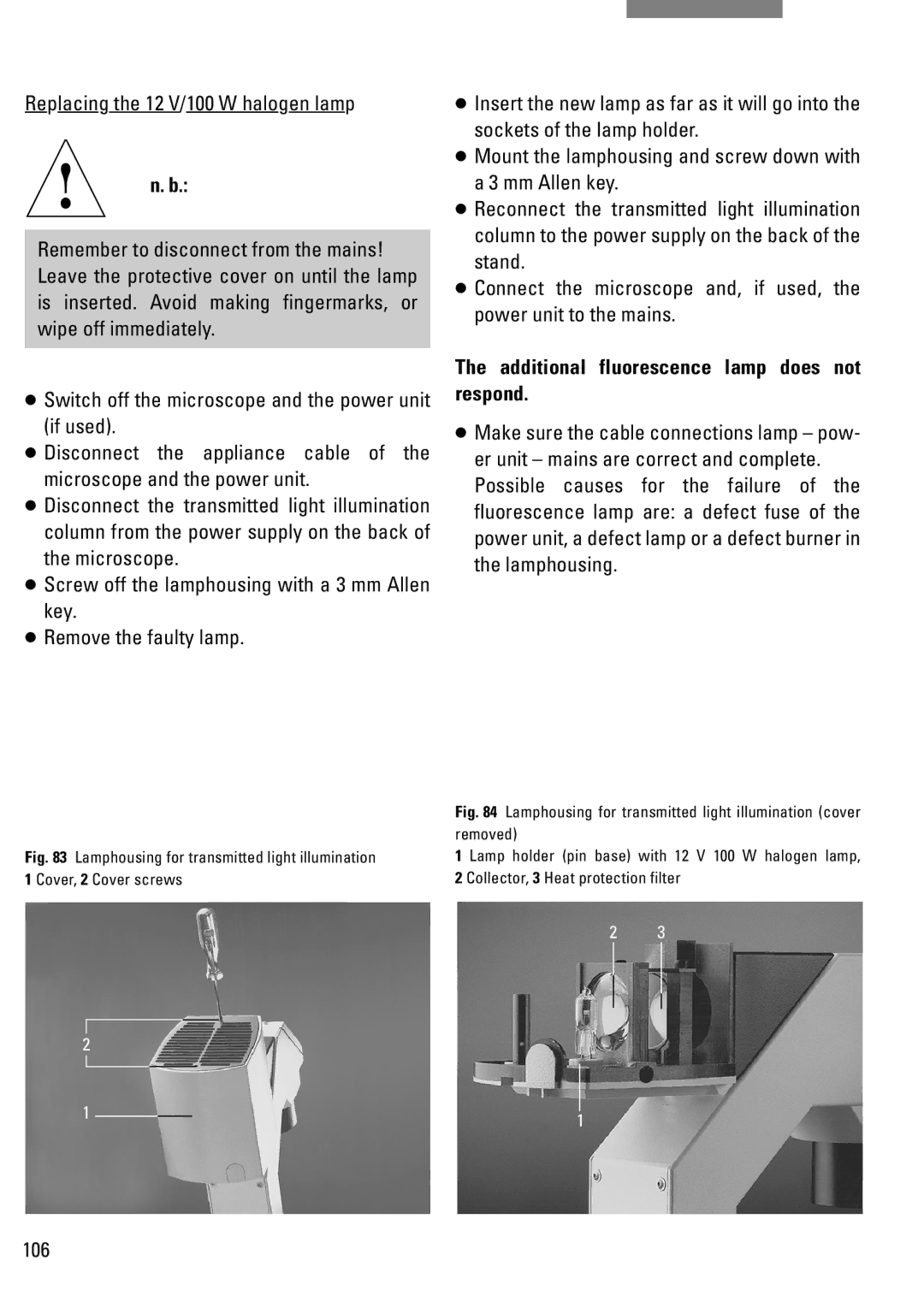 Leica DM IRB manual Additional fluorescence lamp does not respond, 106 