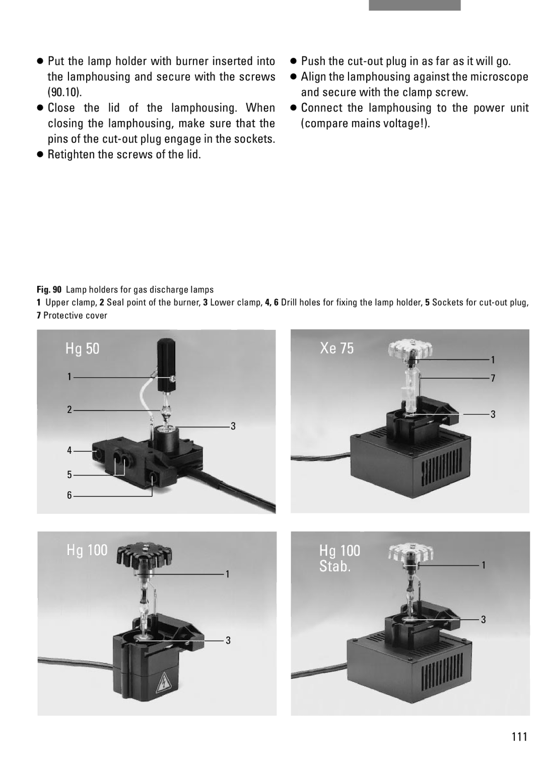 Leica DM IRB manual 111, Lamp holders for gas discharge lamps 