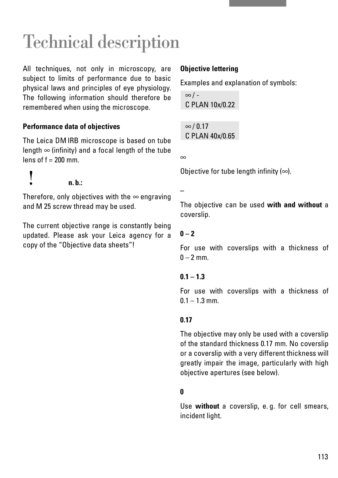 Leica DM IRB manual Technical description, Performance data of objectives, Objective lettering, 0Ê -Ê, 1Ê -Ê 