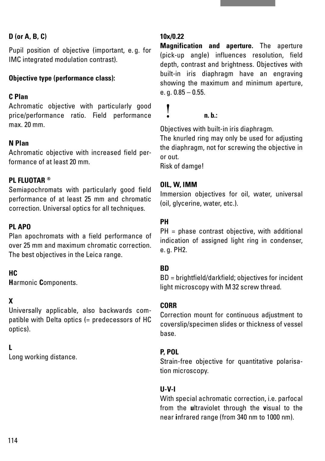 Leica DM IRB manual Or A, B, C, Objective type performance class Plan, 10x/0.22, 114 