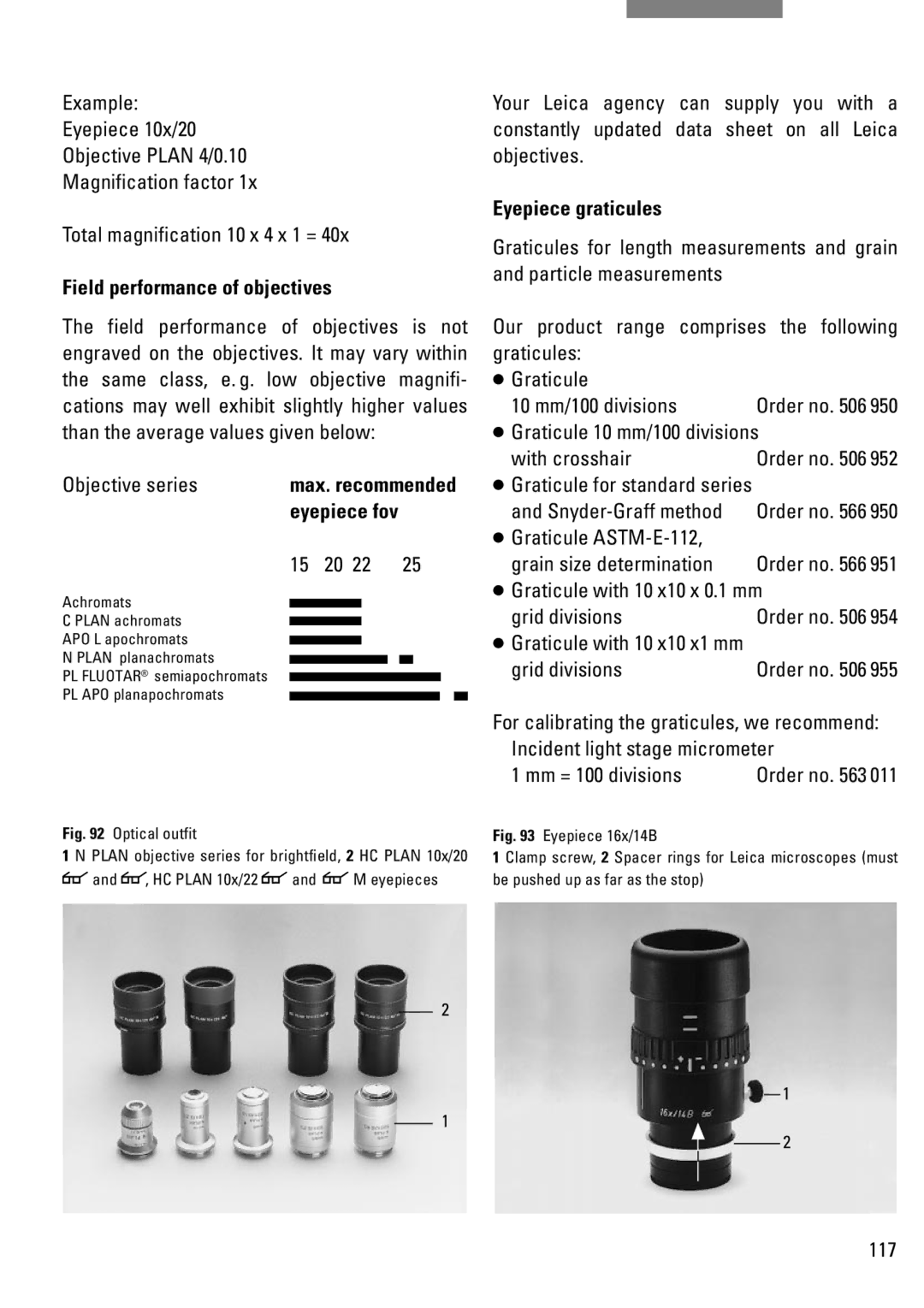 Leica DM IRB manual Field performance of objectives, Eyepiece graticules 