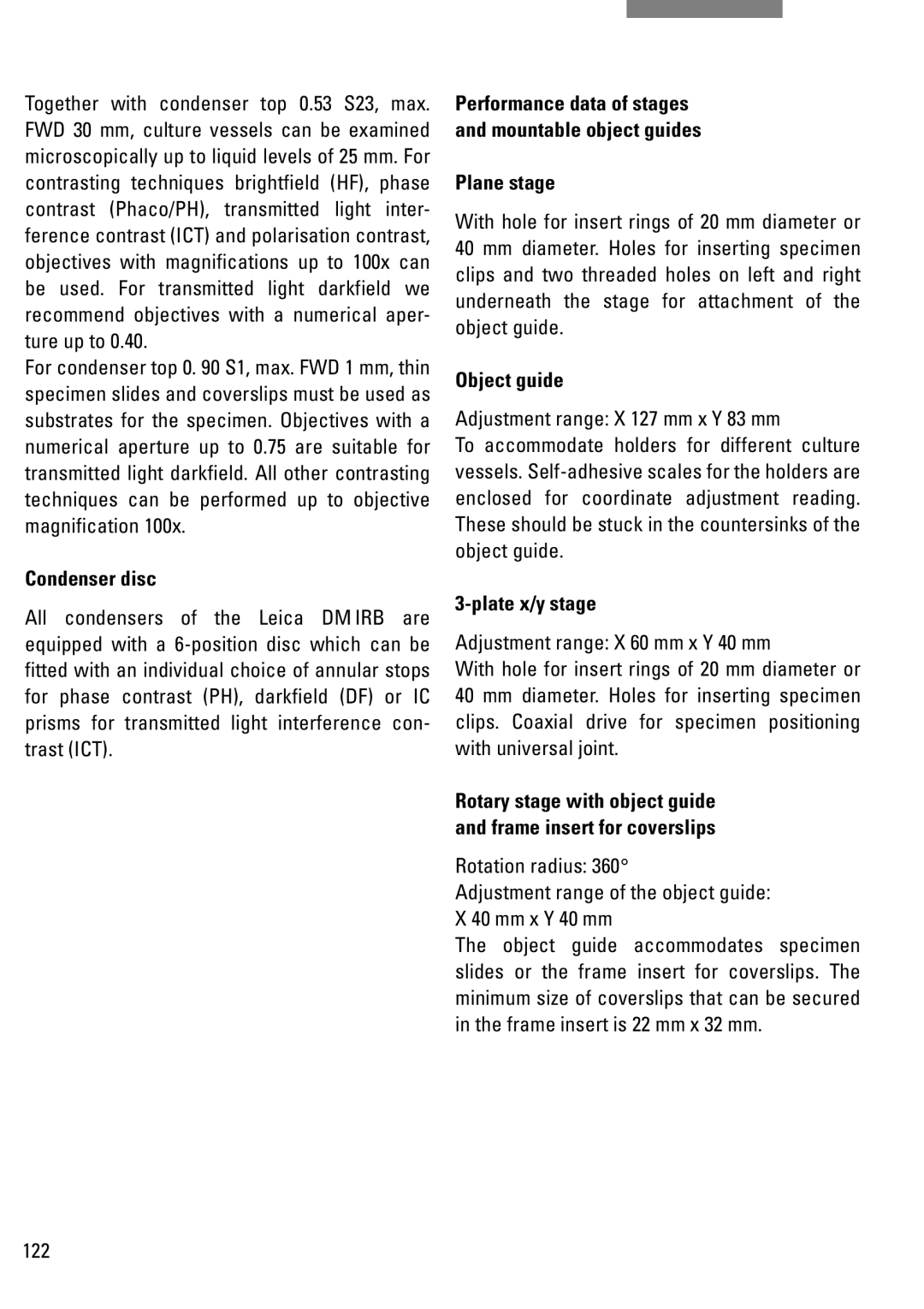 Leica DM IRB manual Condenser disc, Object guide, 122 