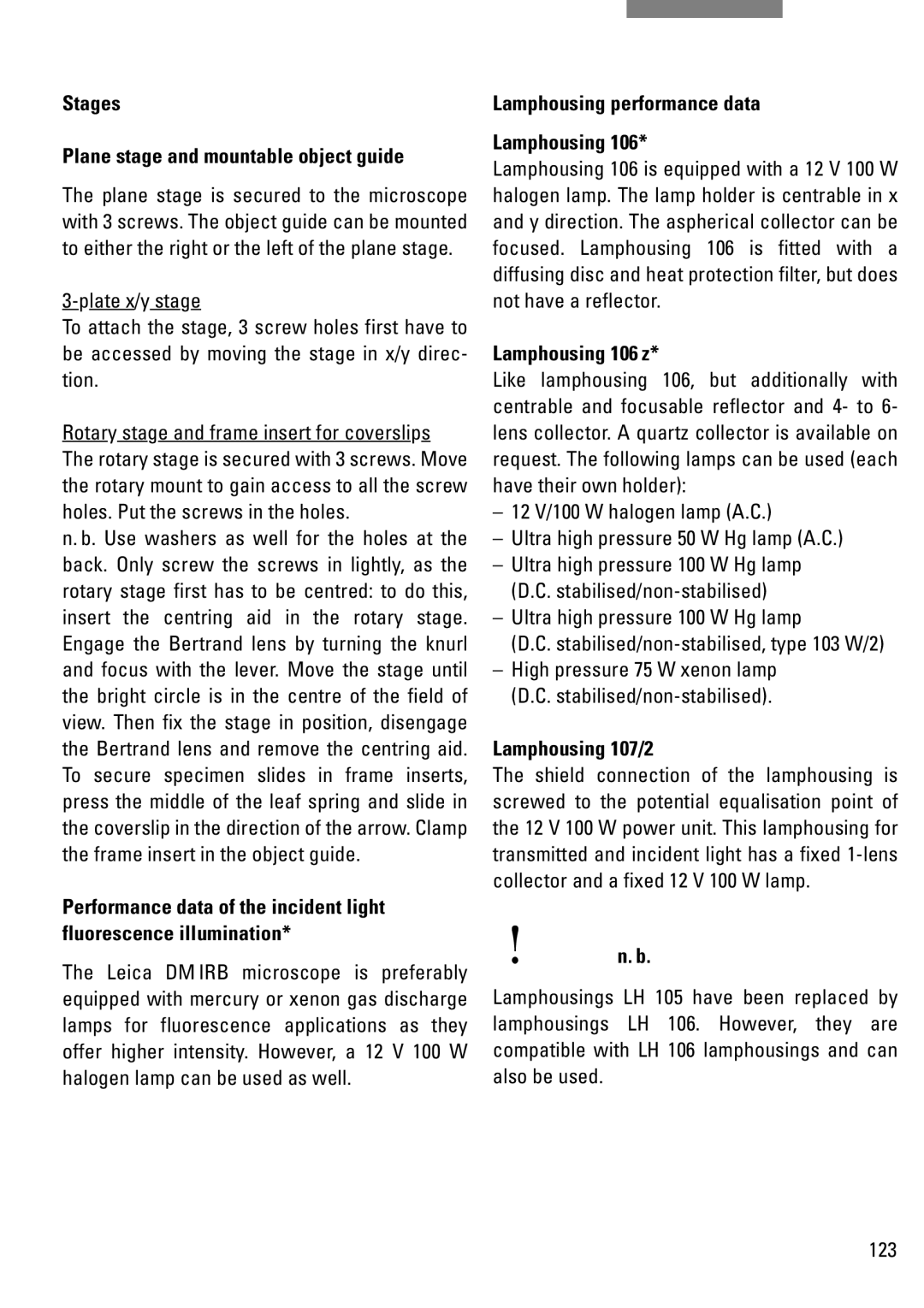 Leica DM IRB manual Stages Plane stage and mountable object guide, Lamphousing performance data, Lamphousing 106 z 