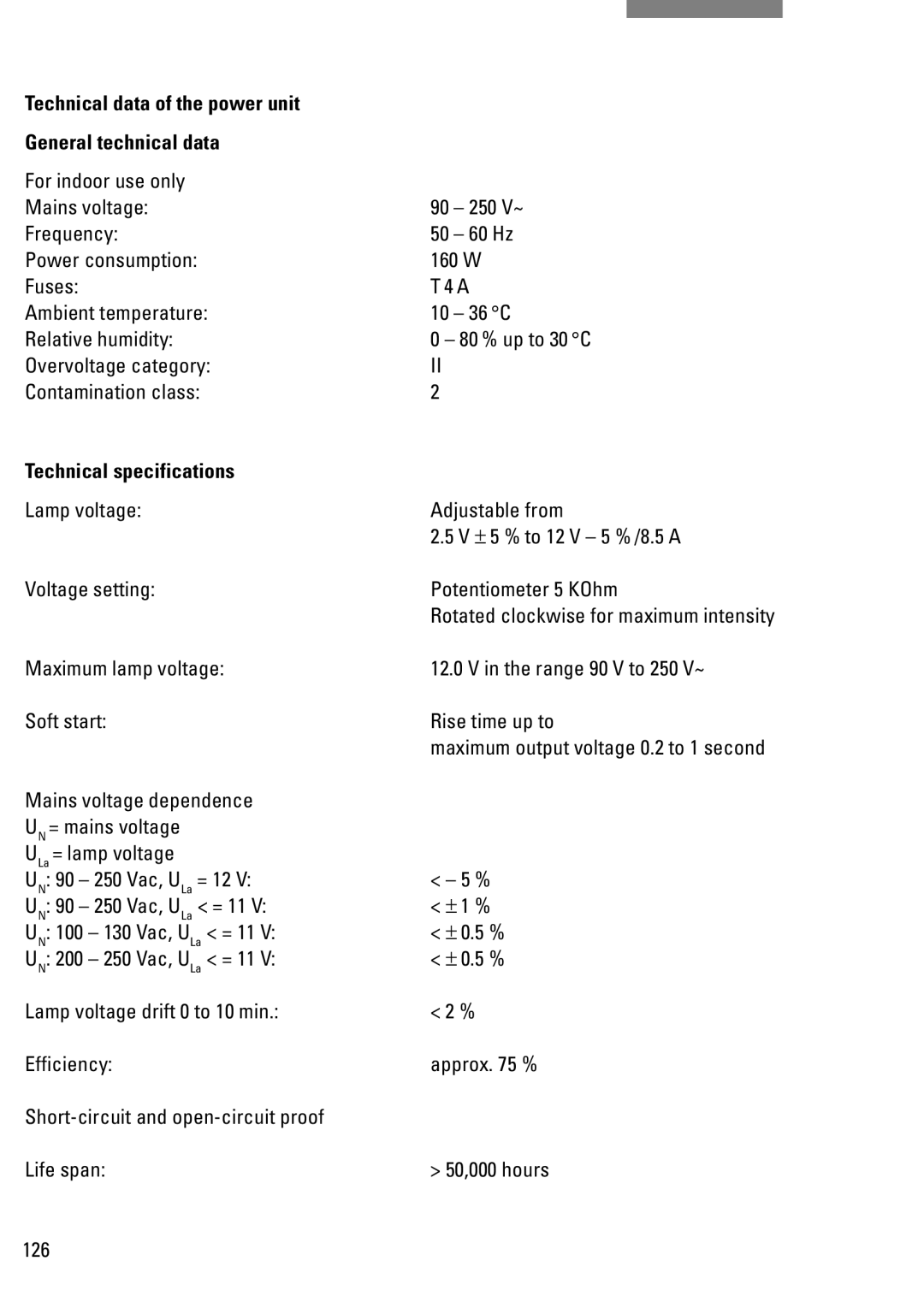 Leica DM IRB manual Technical data of the power unit General technical data, Technical specifications, ULa = lamp voltage 