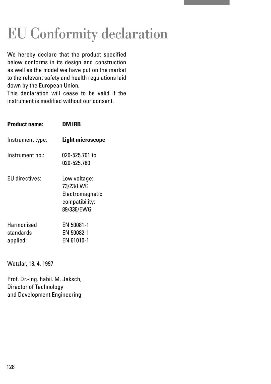 Leica DM IRB manual EU Conformity declaration, Product name 