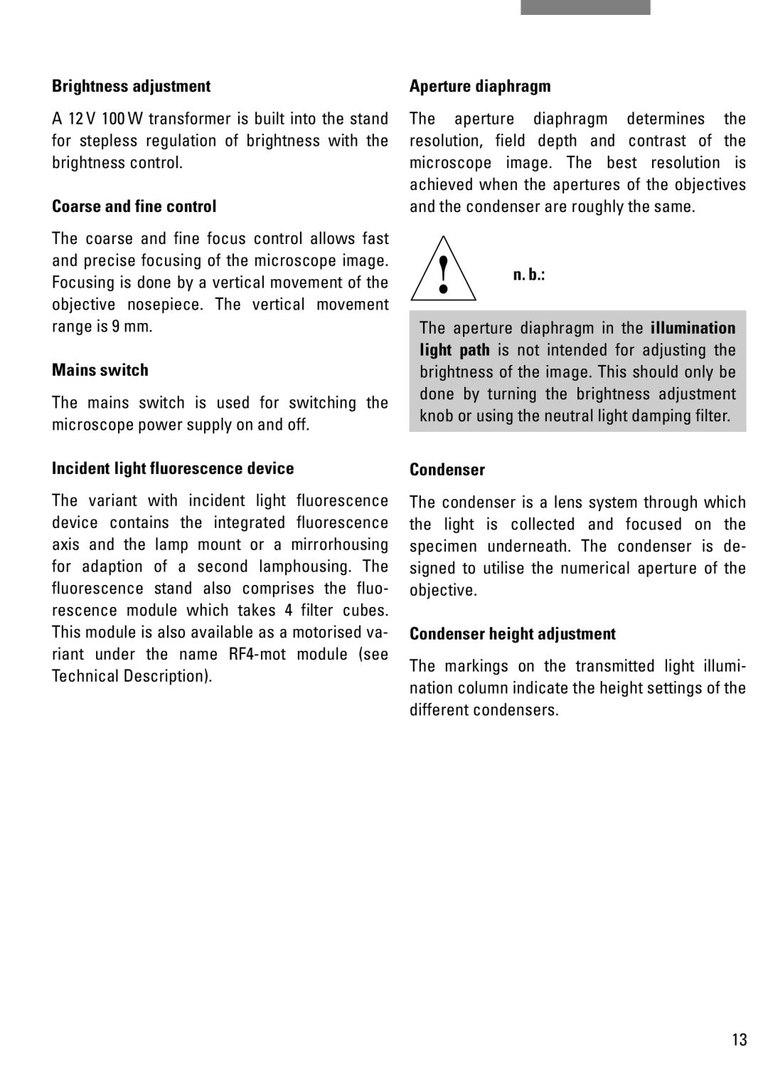 Leica DM IRB Brightness adjustment, Coarse and fine control, Mains switch, Incident light fluorescence device, Condenser 