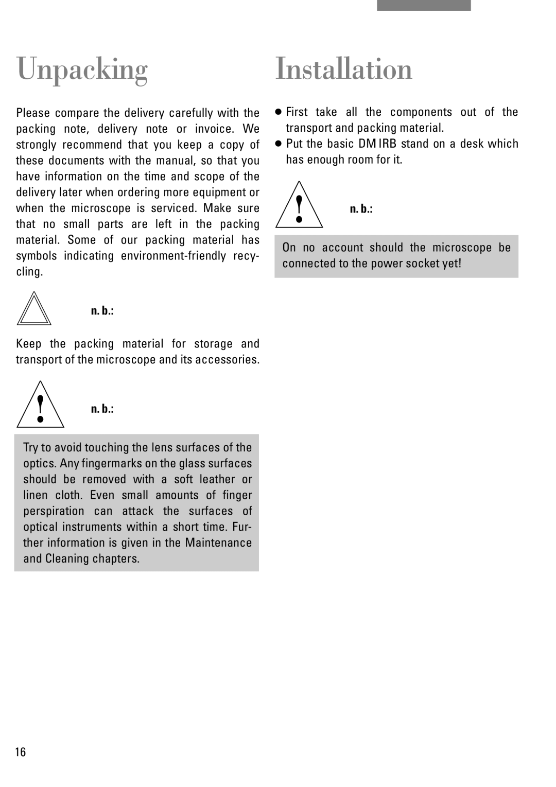 Leica DM IRB manual Unpacking Installation 