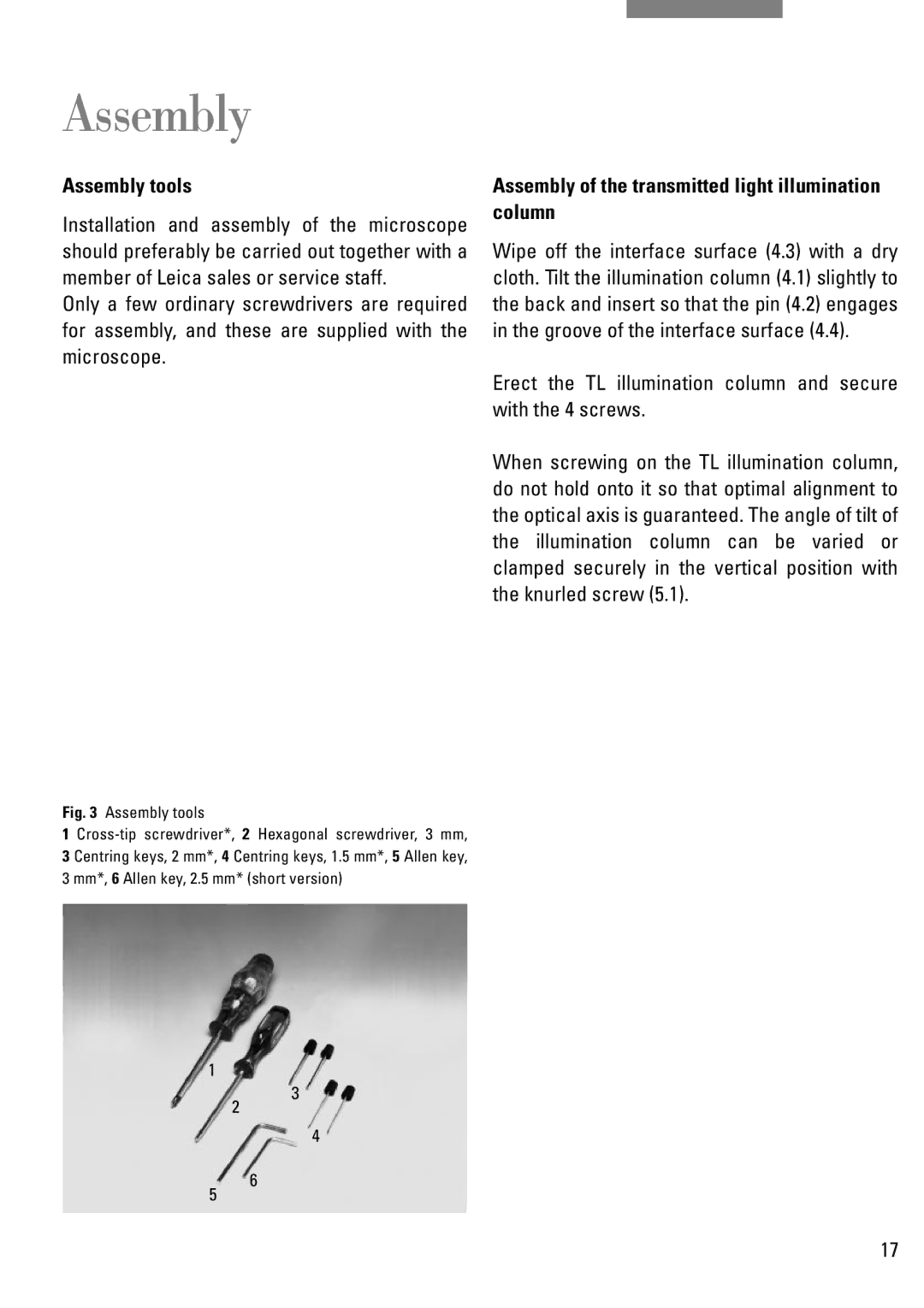 Leica DM IRB manual Assembly tools, Assembly of the transmitted light illumination column 