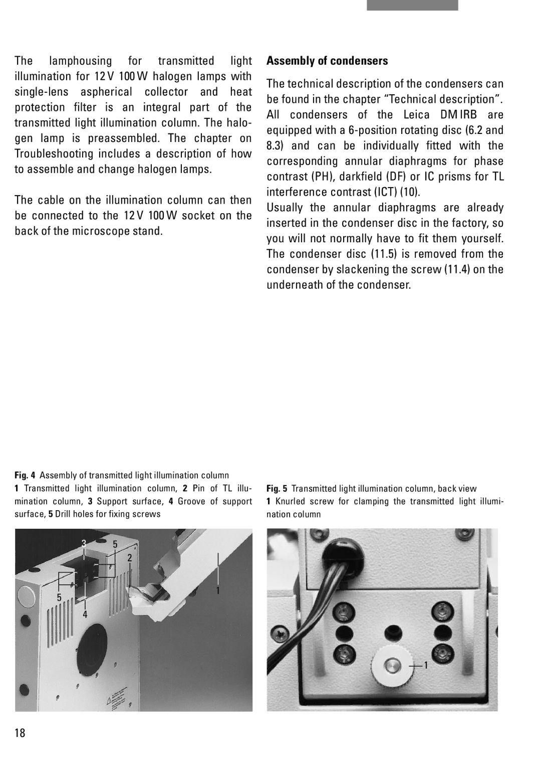 Leica DM IRB manual Assembly of condensers, Transmitted light illumination column, back view 