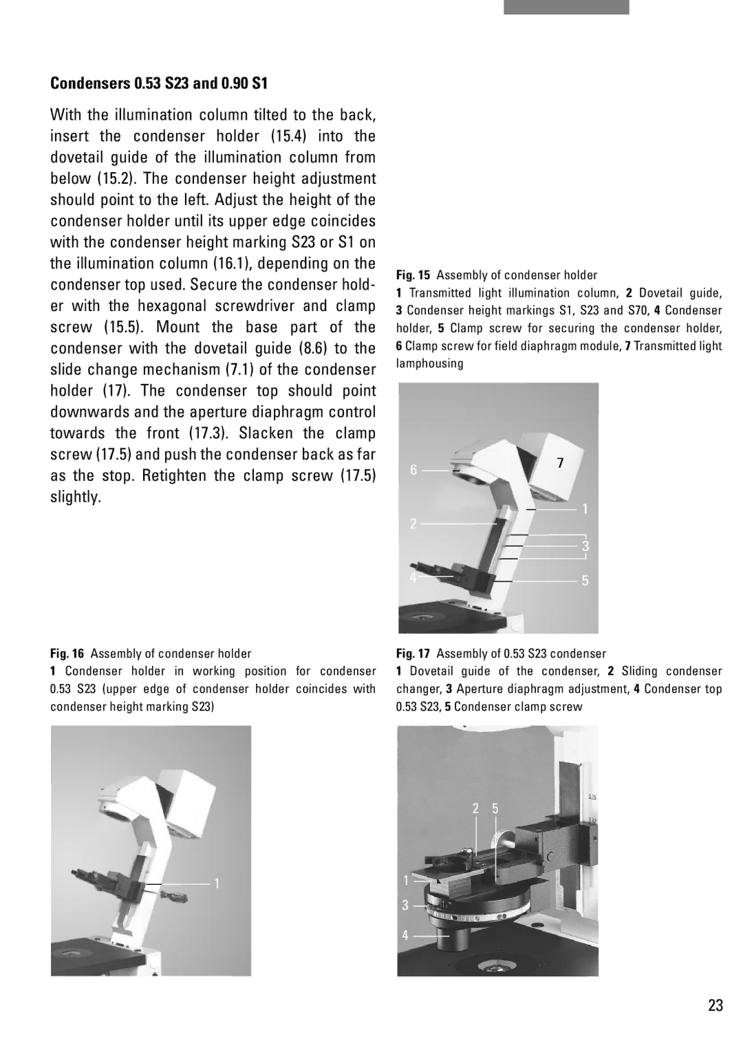 Leica DM IRB manual Condensers 0.53 S23 and 0.90 S1, Assembly of condenser holder 