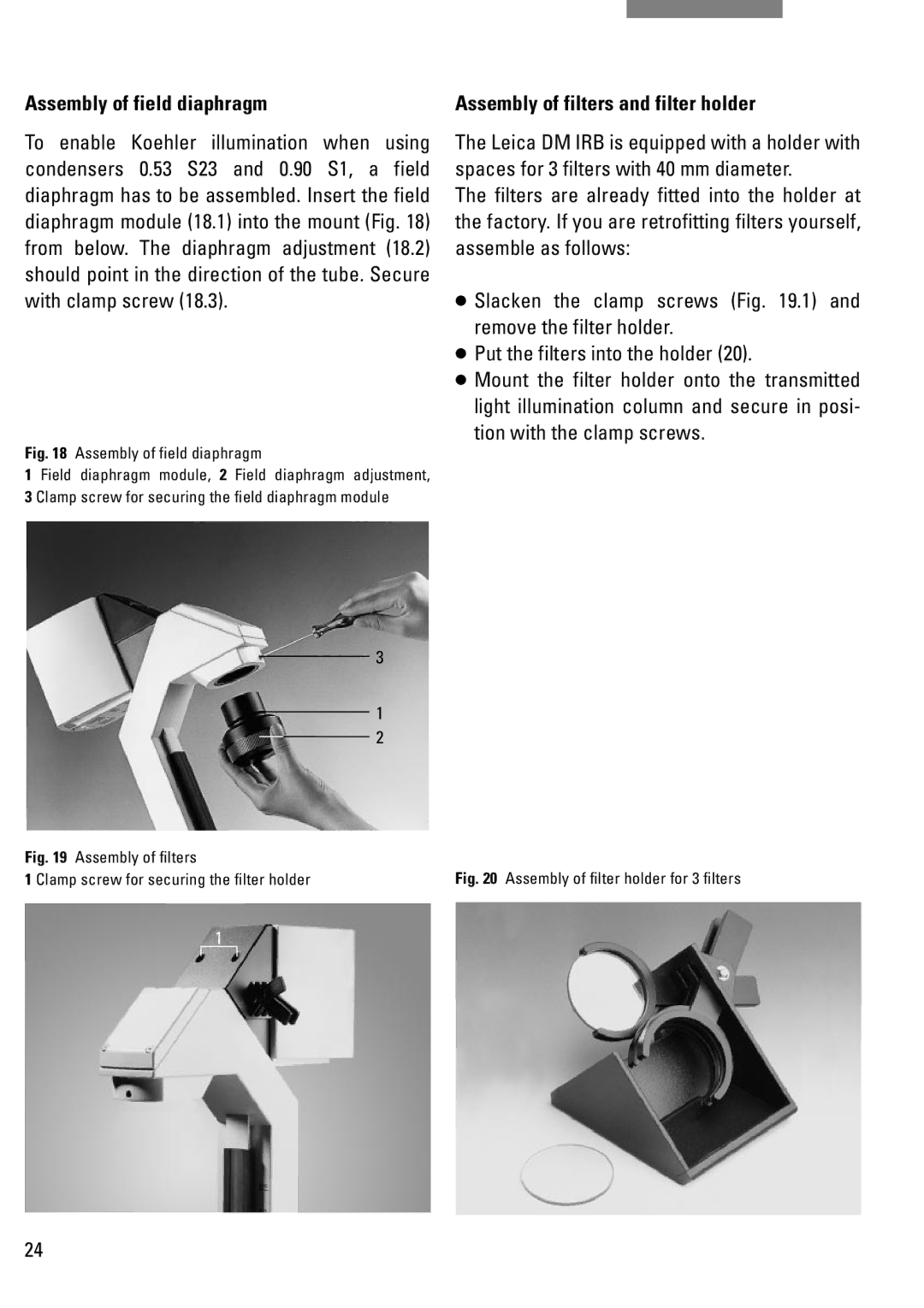 Leica DM IRB manual Assembly of field diaphragm, Assembly of filters and filter holder 