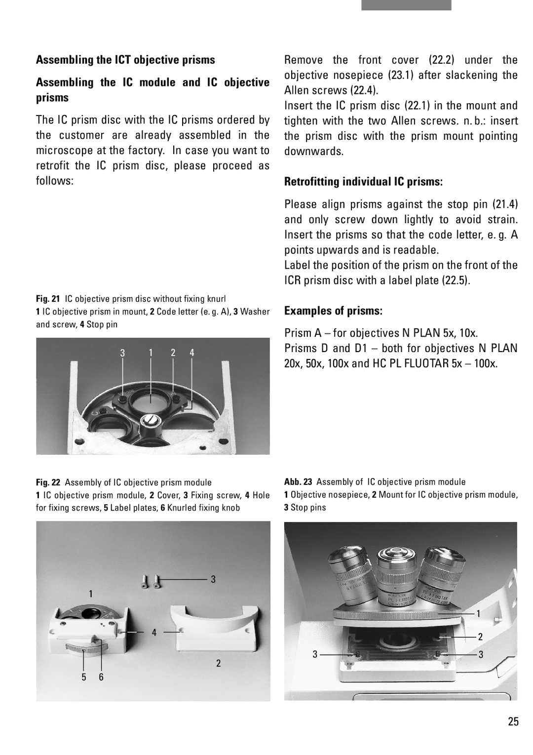 Leica DM IRB manual Retrofitting individual IC prisms, Examples of prisms, Prism a for objectives N Plan 5x 