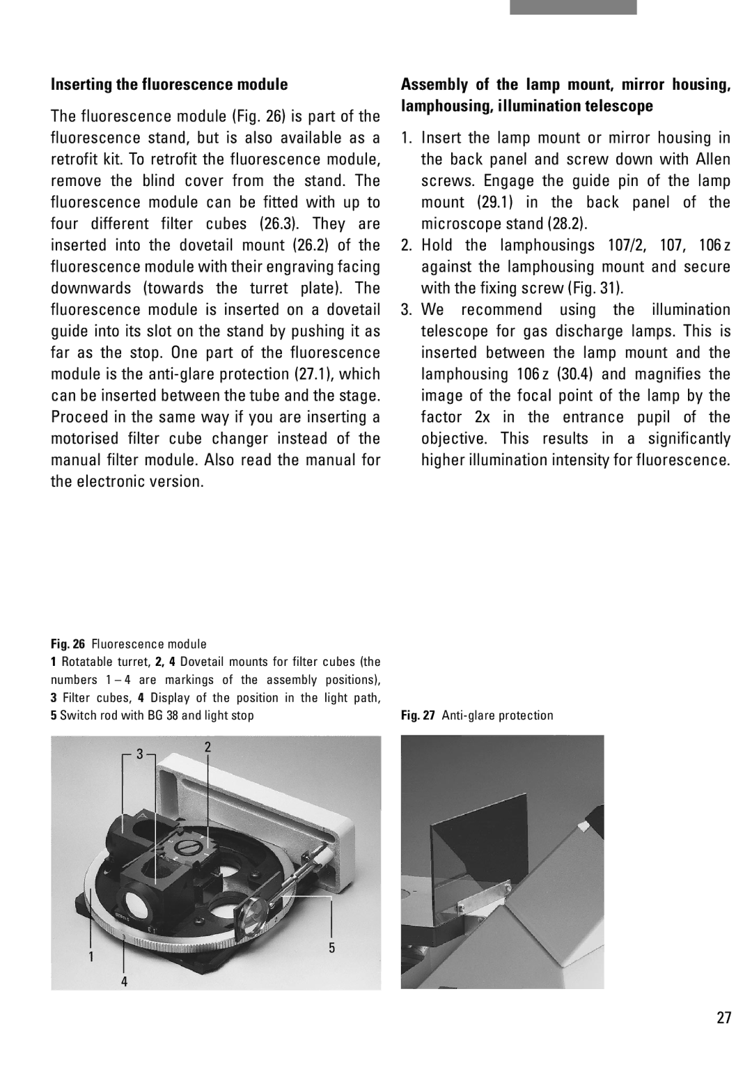 Leica DM IRB manual Inserting the fluorescence module, Fluorescence module 