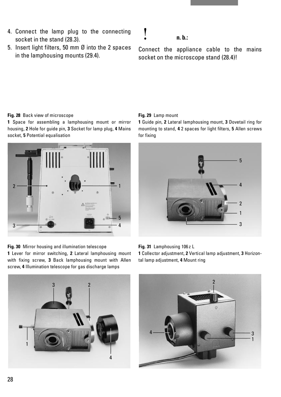 Leica DM IRB manual Connect the lamp plug to the connecting socket in the stand, Mirror housing and illumination telescope 