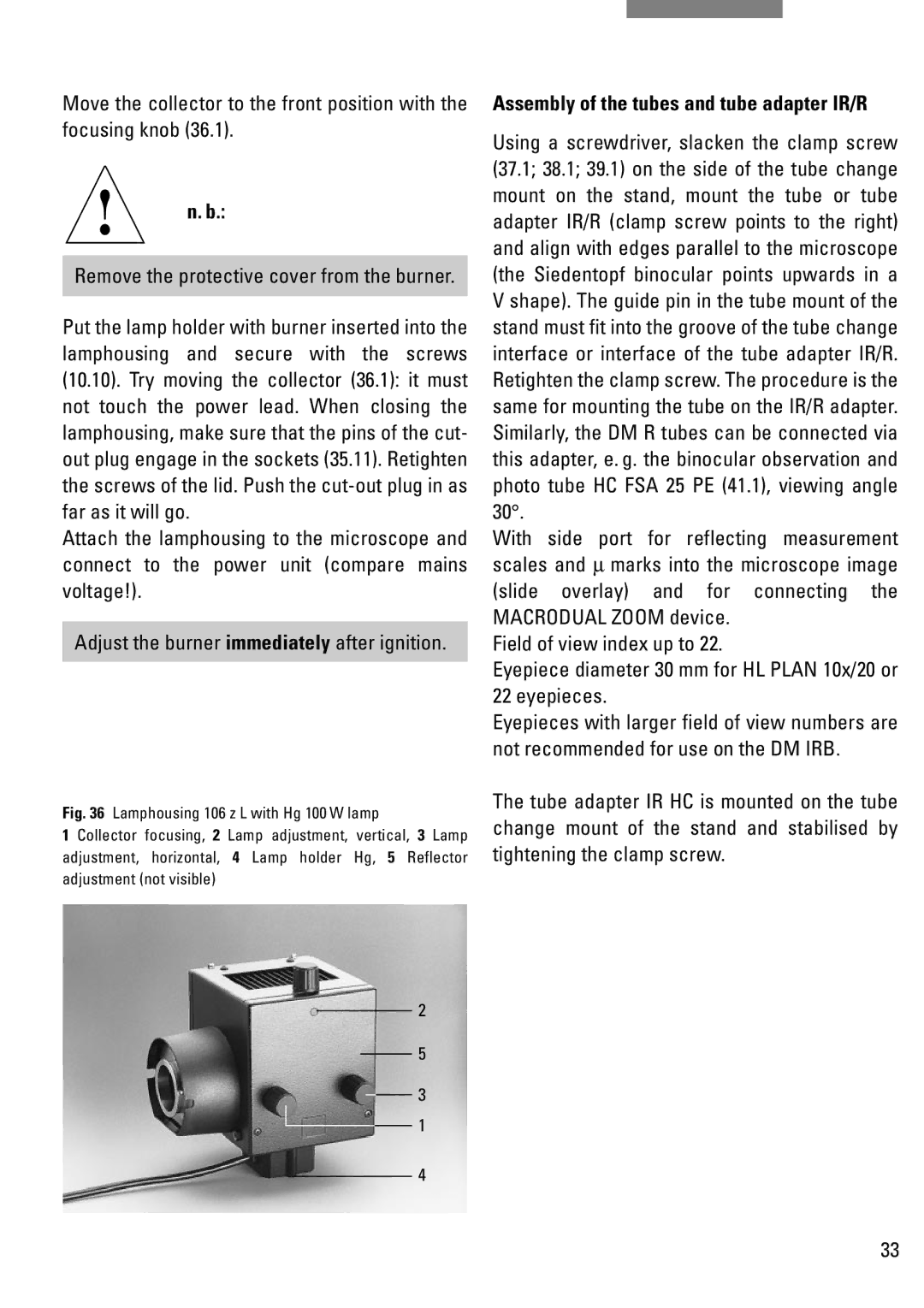 Leica DM IRB manual Assembly of the tubes and tube adapter IR/R 