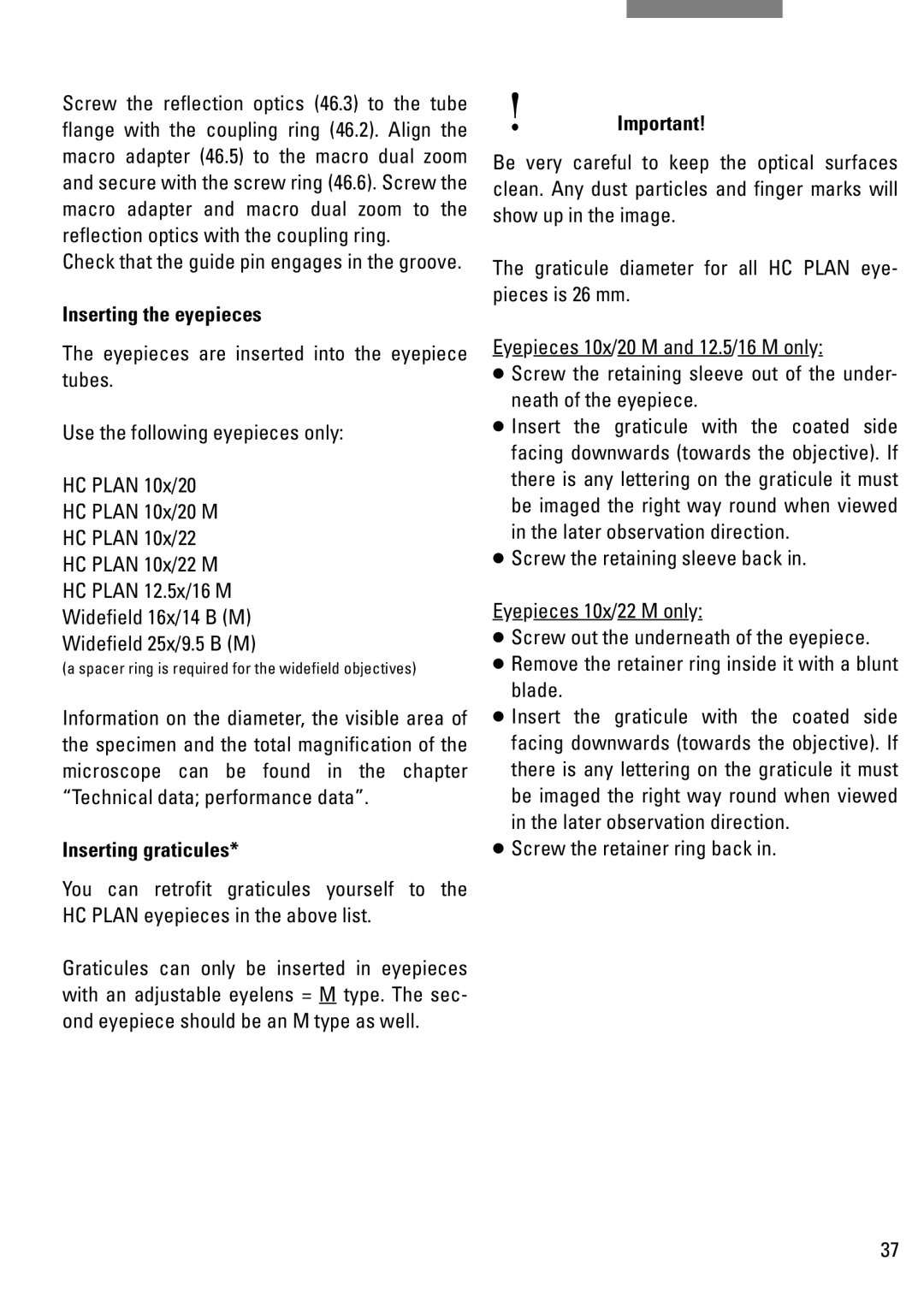 Leica DM IRB manual Inserting the eyepieces, Inserting graticules, Screw the retainer ring back 