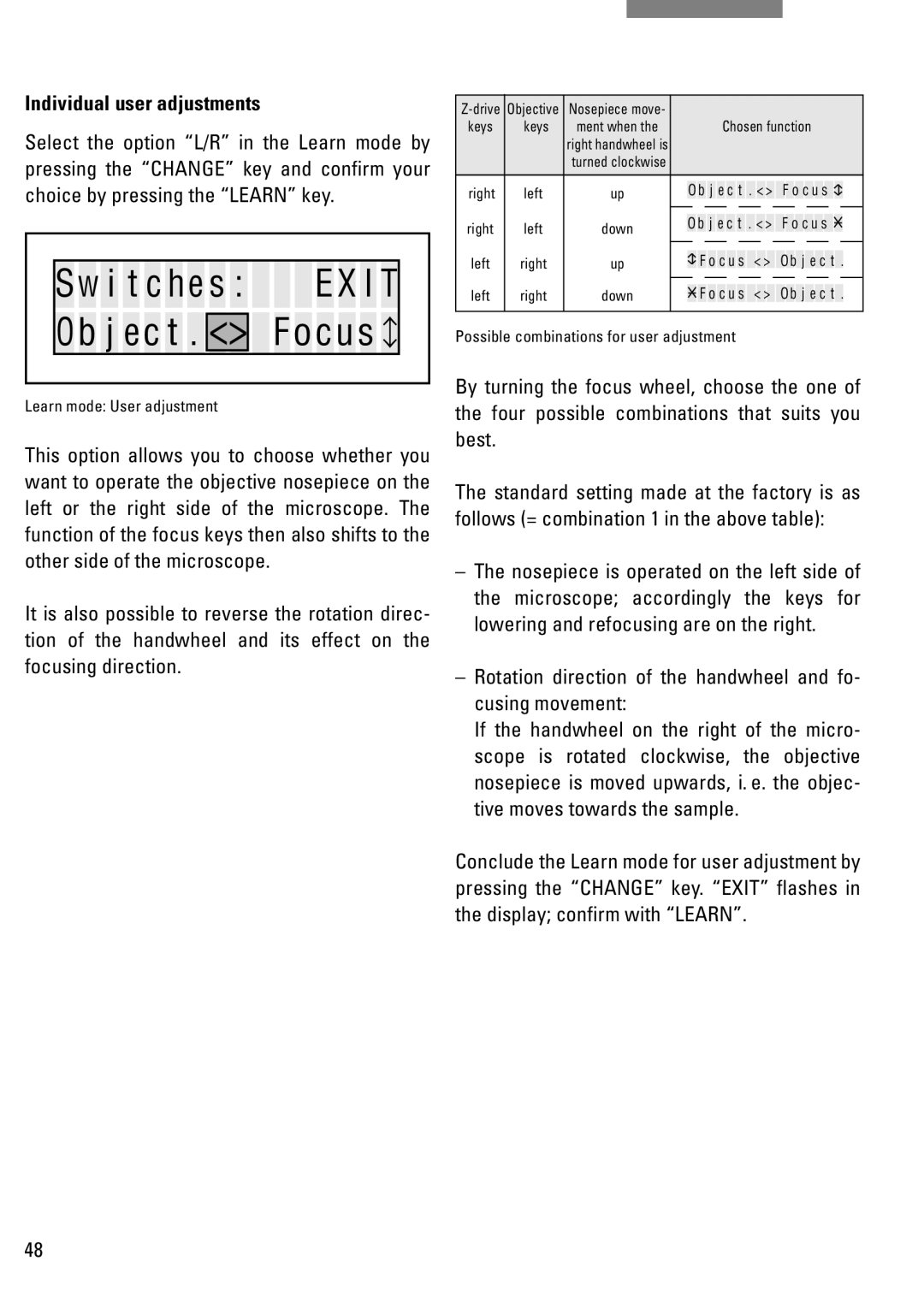 Leica DM IRB manual Sw i t c he s, Individual user adjustments 