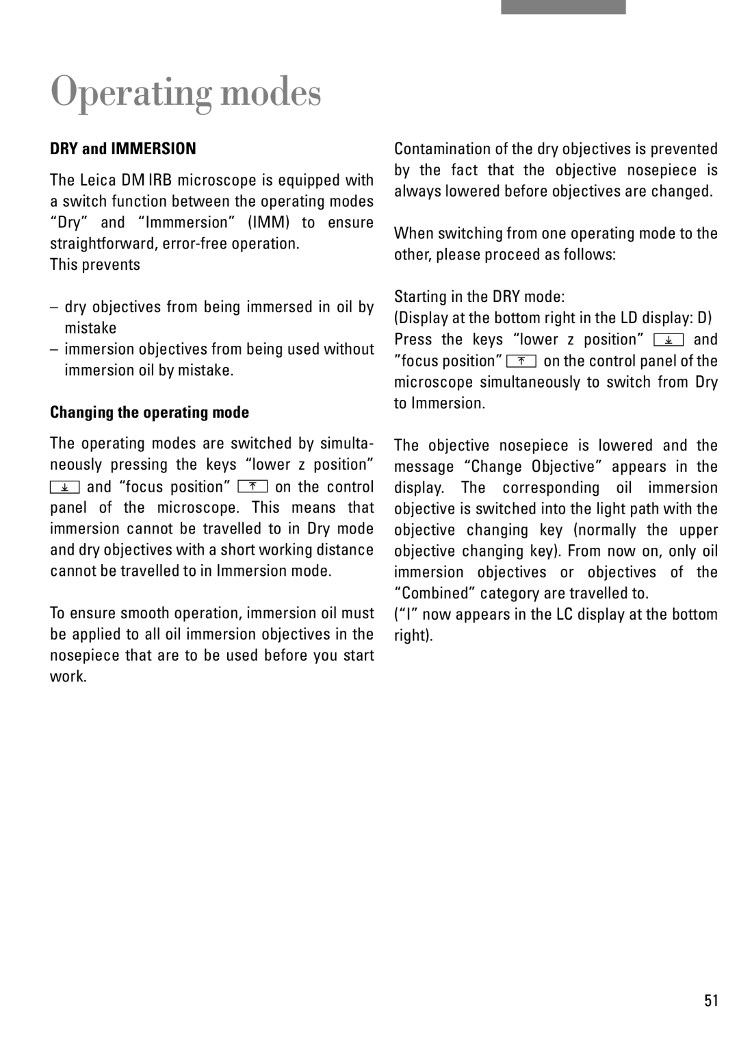 Leica DM IRB manual Operating modes, DRY and Immersion, Changing the operating mode 