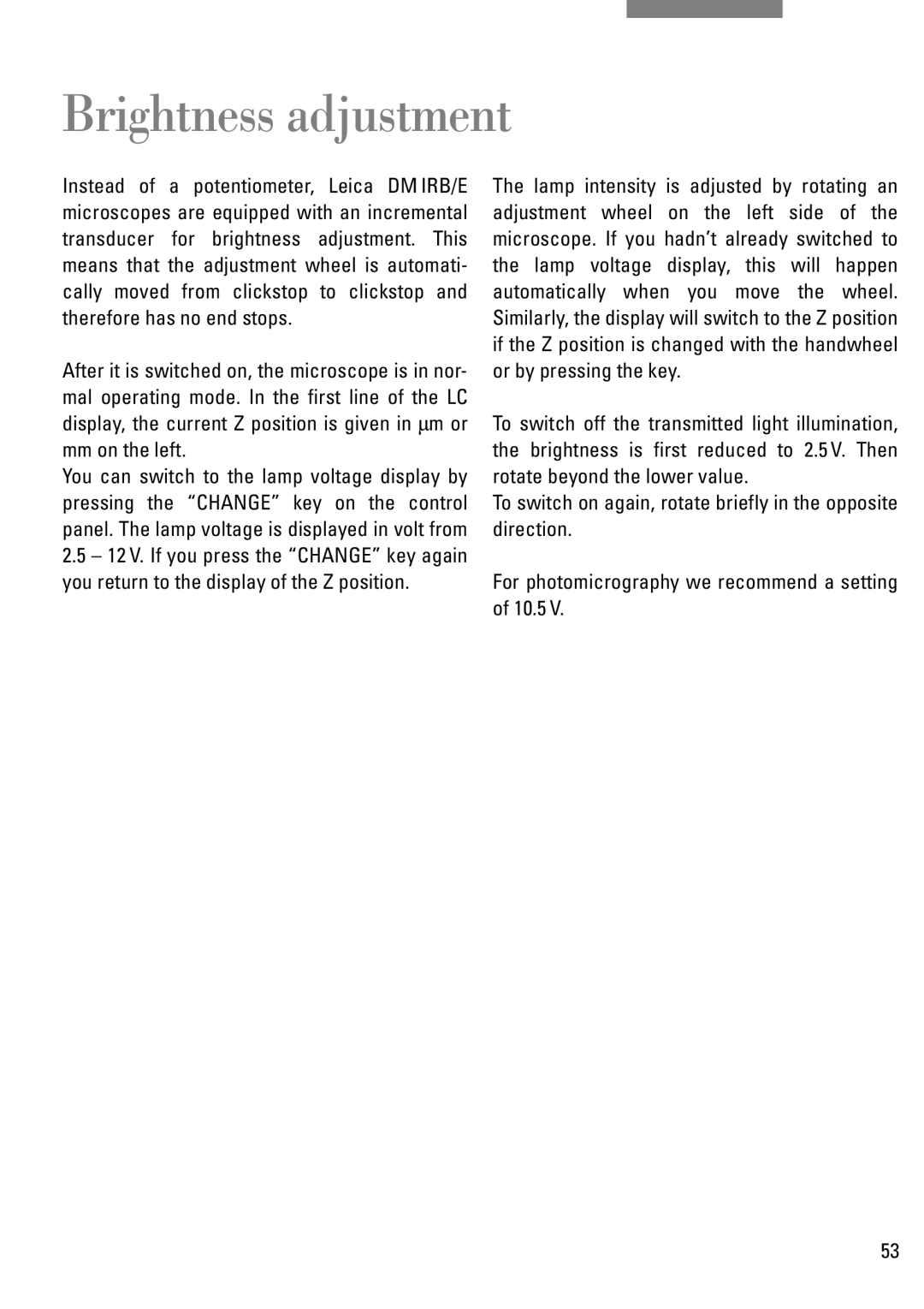 Leica DM IRB manual Brightness adjustment 