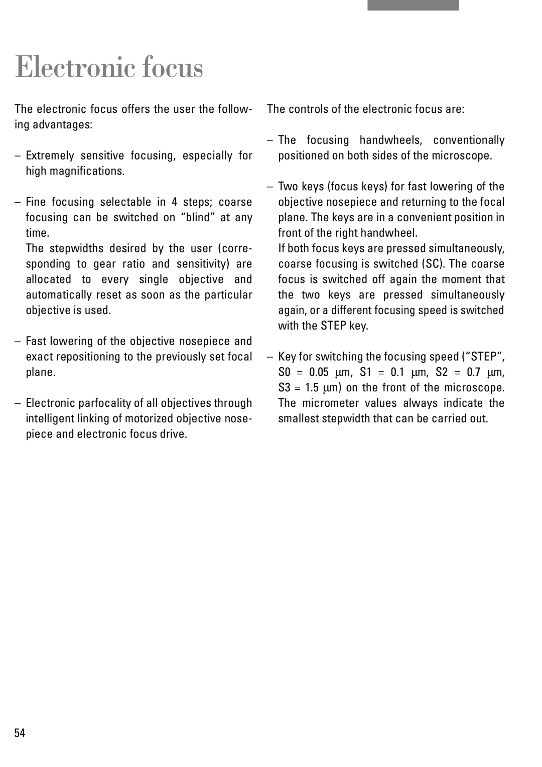 Leica DM IRB manual Electronic focus, Controls of the electronic focus are 