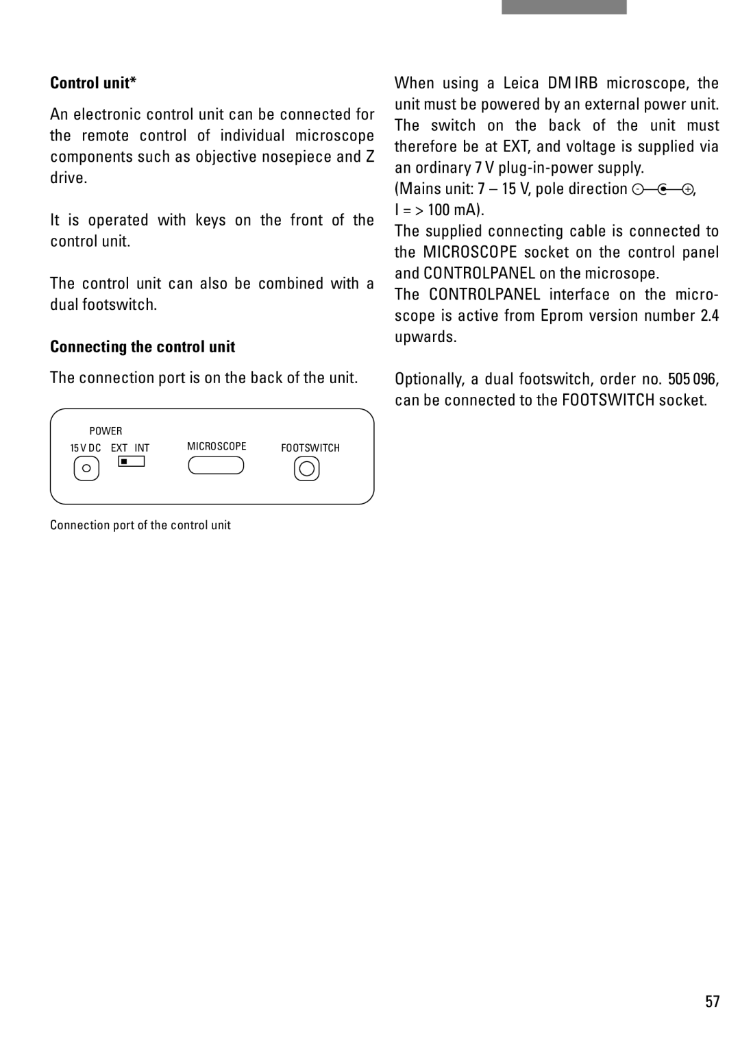 Leica DM IRB manual Control unit, Connecting the control unit 