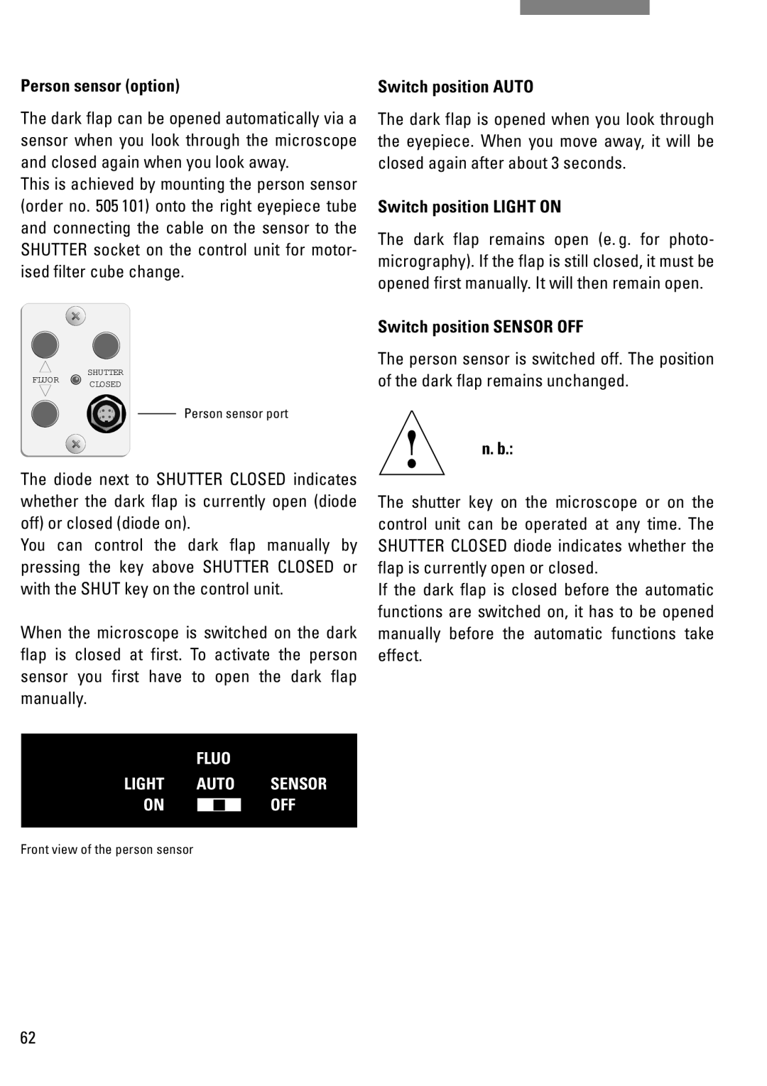 Leica DM IRB manual Person sensor option, Switch position Auto, Switch position Light on, Switch position Sensor OFF 