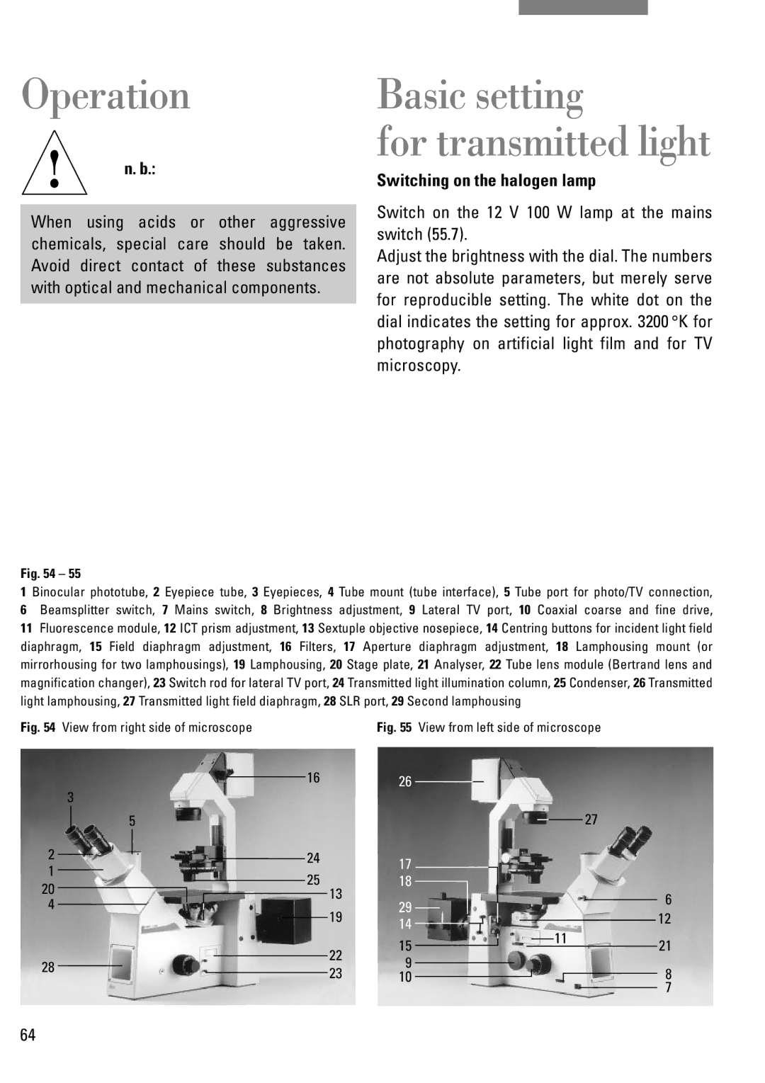 Leica DM IRB manual Operation Basic setting, Switching on the halogen lamp 