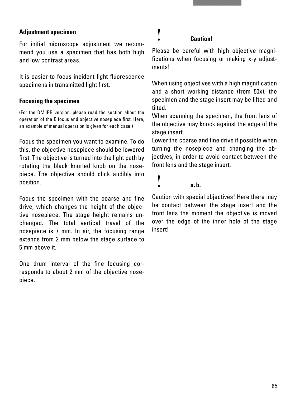 Leica DM IRB manual Adjustment specimen, Focusing the specimen 