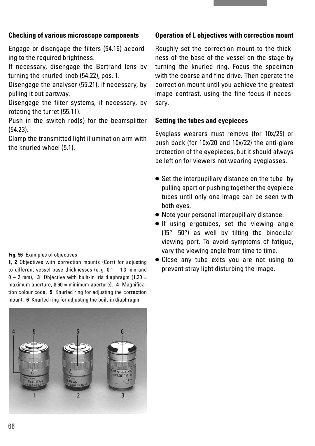 Leica DM IRB manual Setting the tubes and eyepieces, Operation of L objectives with correction mount 