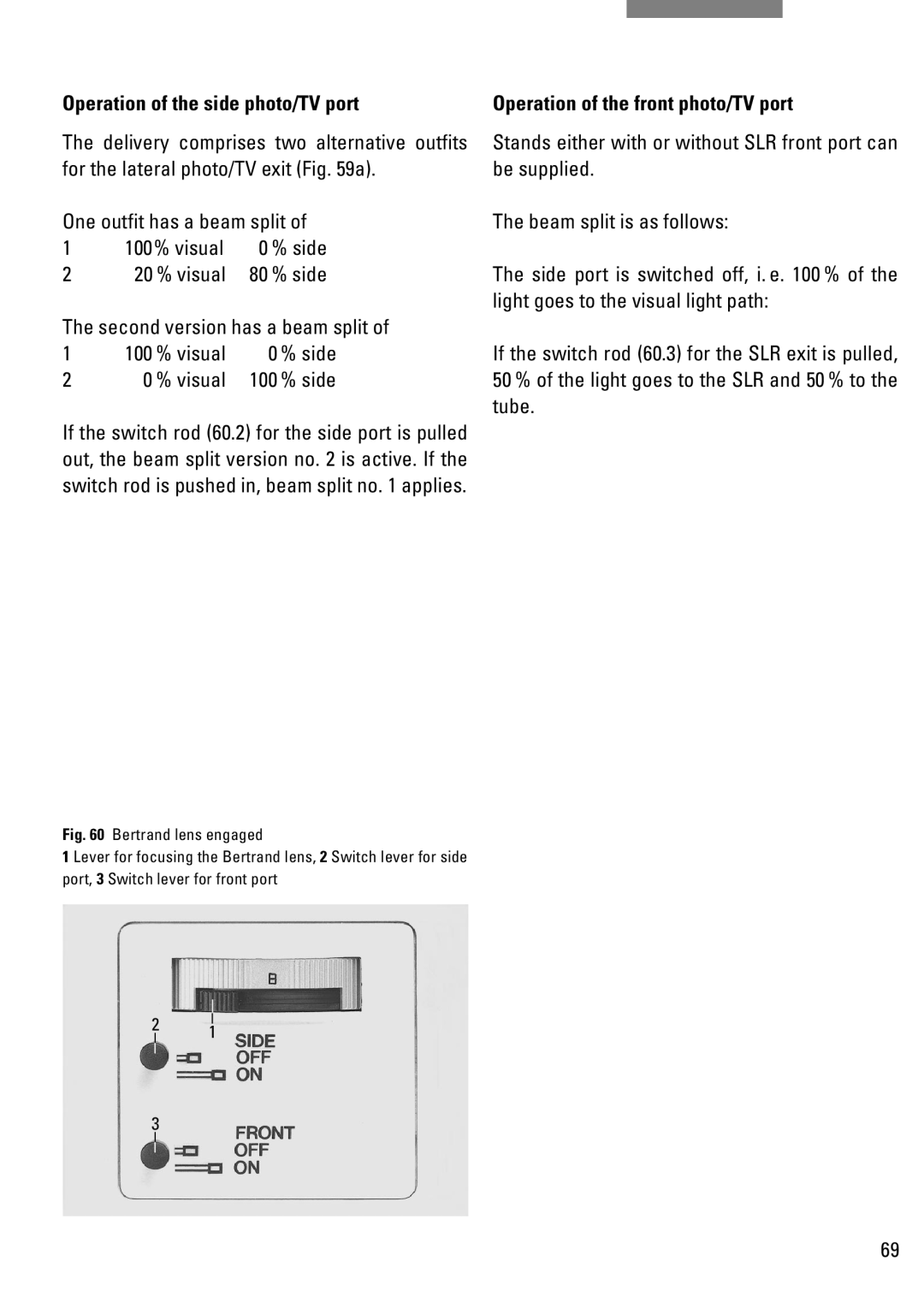 Leica DM IRB manual Operation of the side photo/TV port, Operation of the front photo/TV port 