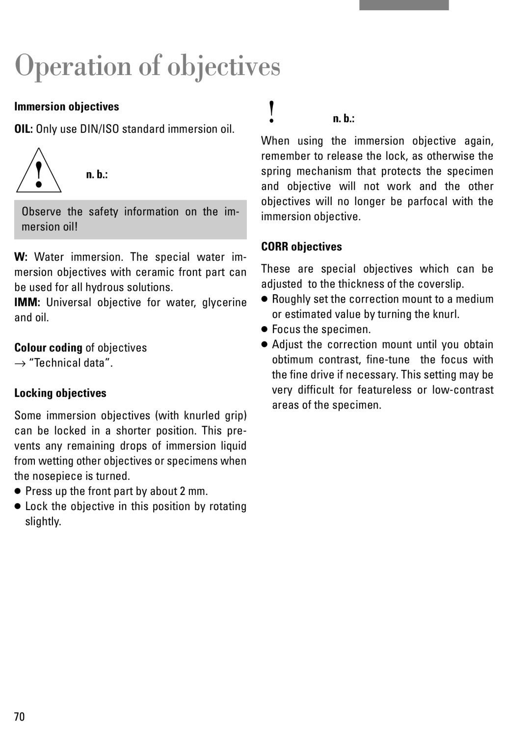 Leica DM IRB manual Operation of objectives, Immersion objectives, Colour coding of objectives, Locking objectives 