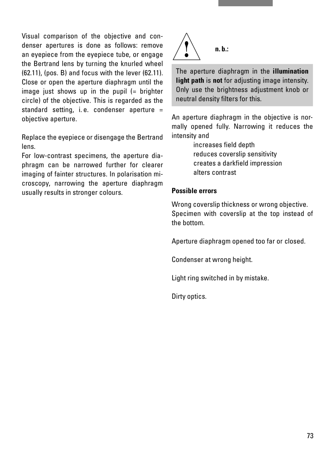 Leica DM IRB manual Replace the eyepiece or disengage the Bertrand lens, Possible errors 