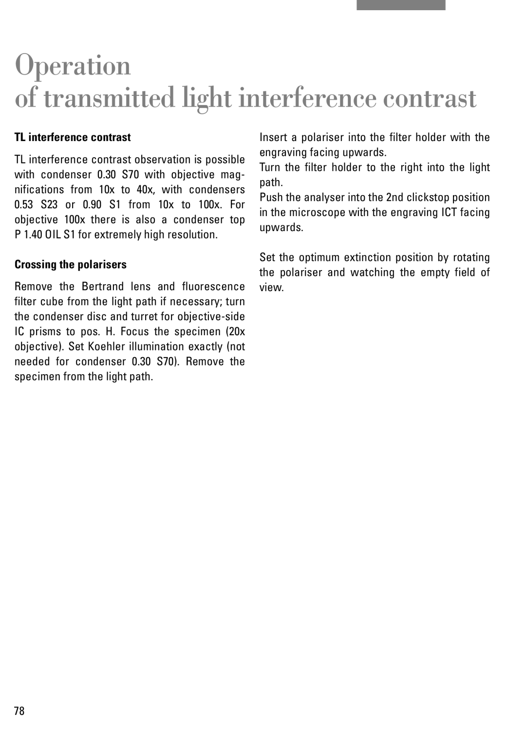 Leica DM IRB manual Operation Transmitted light interference contrast, TL interference contrast 