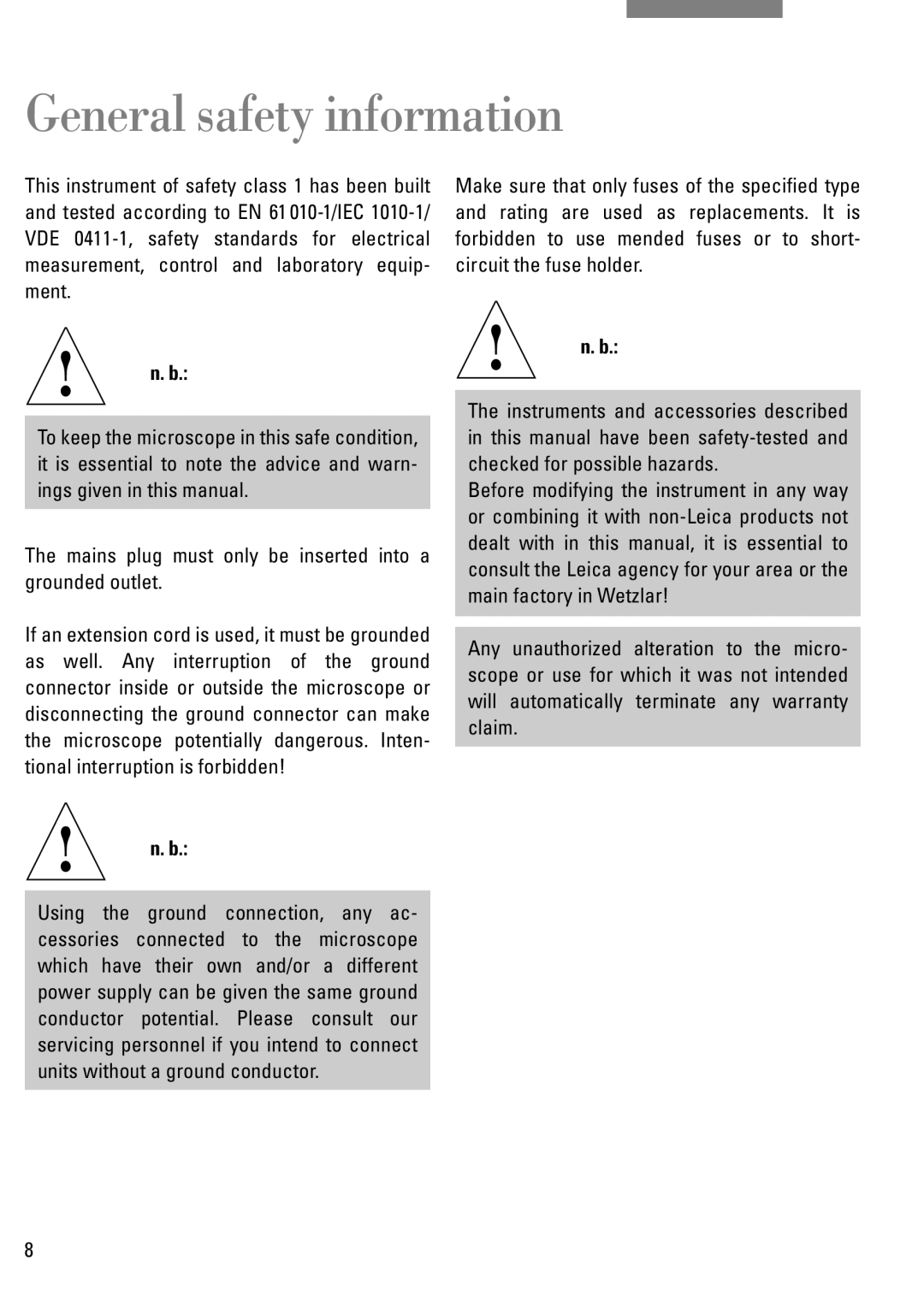 Leica DM IRB manual General safety information, Mains plug must only be inserted into a grounded outlet 