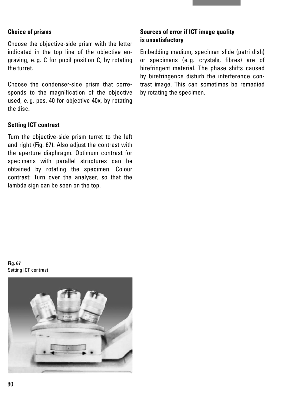 Leica DM IRB manual Choice of prisms, Setting ICT contrast, Sources of error if ICT image quality is unsatisfactory 