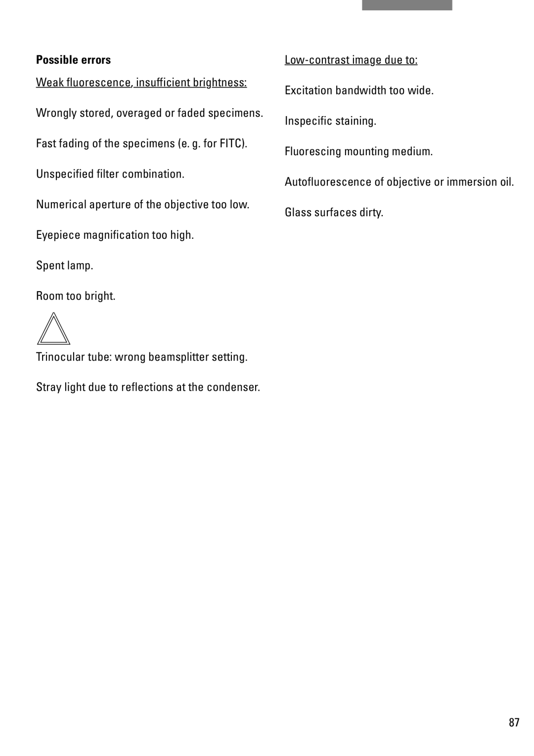 Leica DM IRB manual Weak fluorescence, insufficient brightness, Glass surfaces dirty 