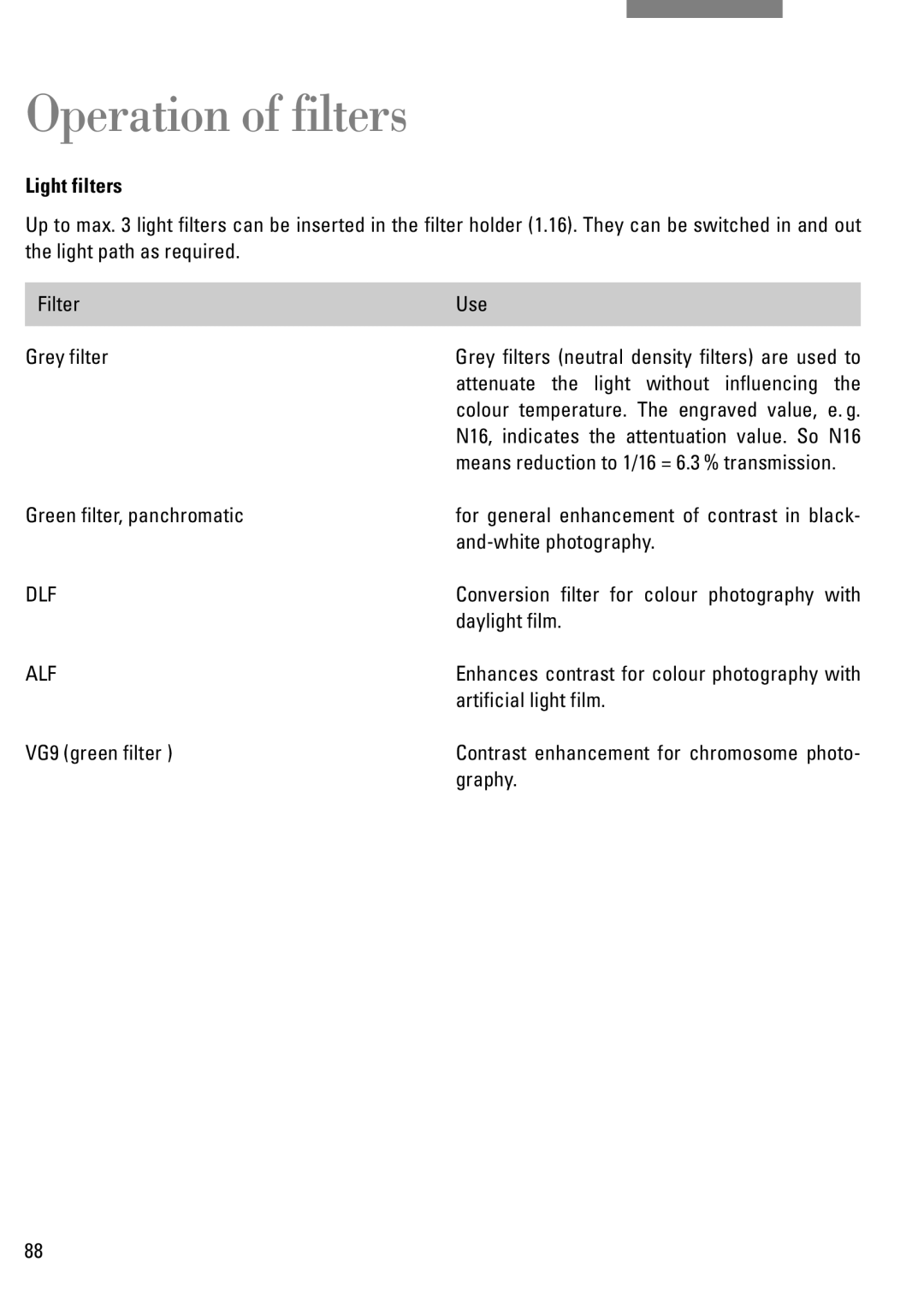 Leica DM IRB manual Operation of filters, Light filters 