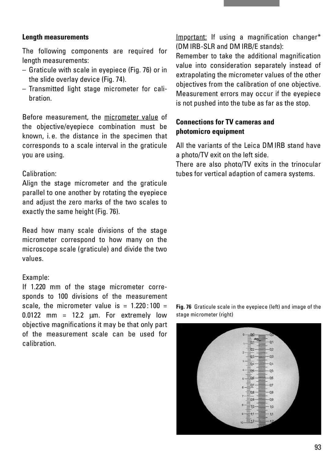 Leica DM IRB manual Length measurements, Following components are required for length measurements, Calibration 