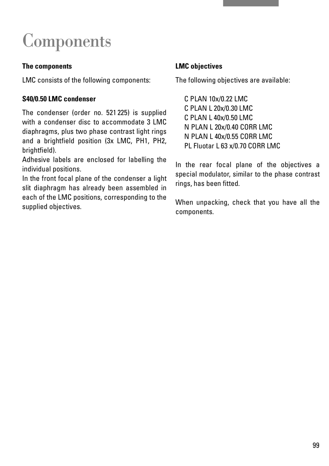 Leica DM IRB manual Components, LMC consists of the following components, S40/0.50 LMC condenser, LMC objectives 