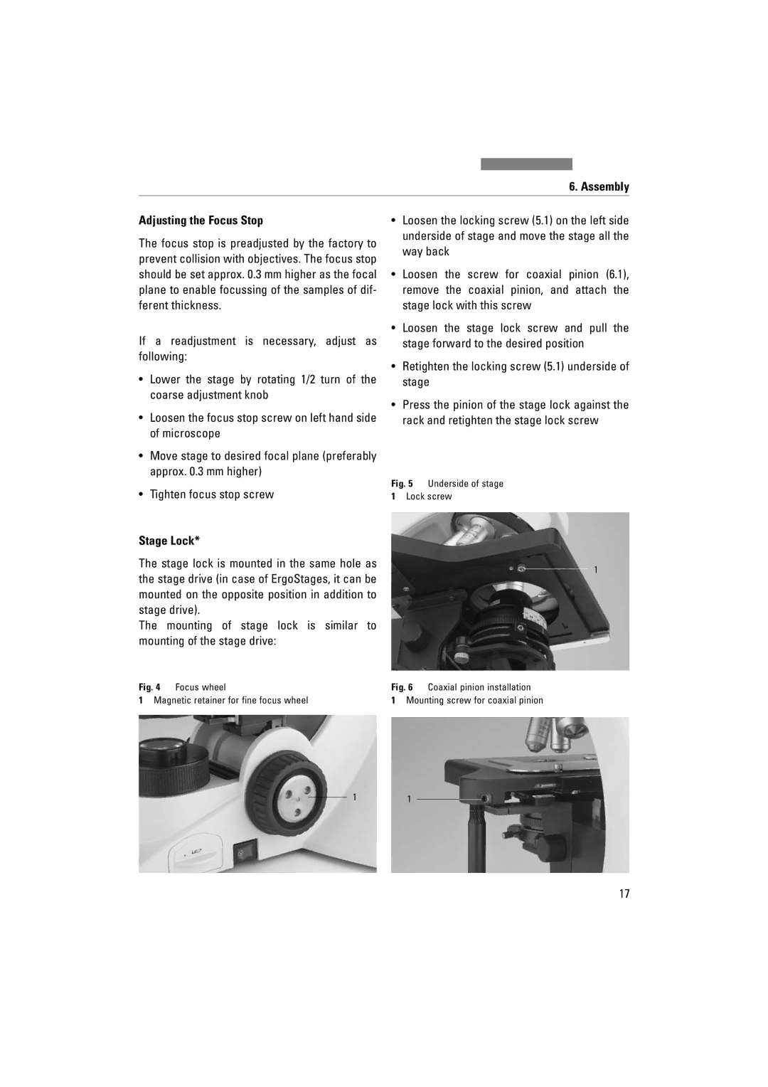 Leica DM1000 LED manual Assembly Adjusting the Focus Stop, Stage Lock 