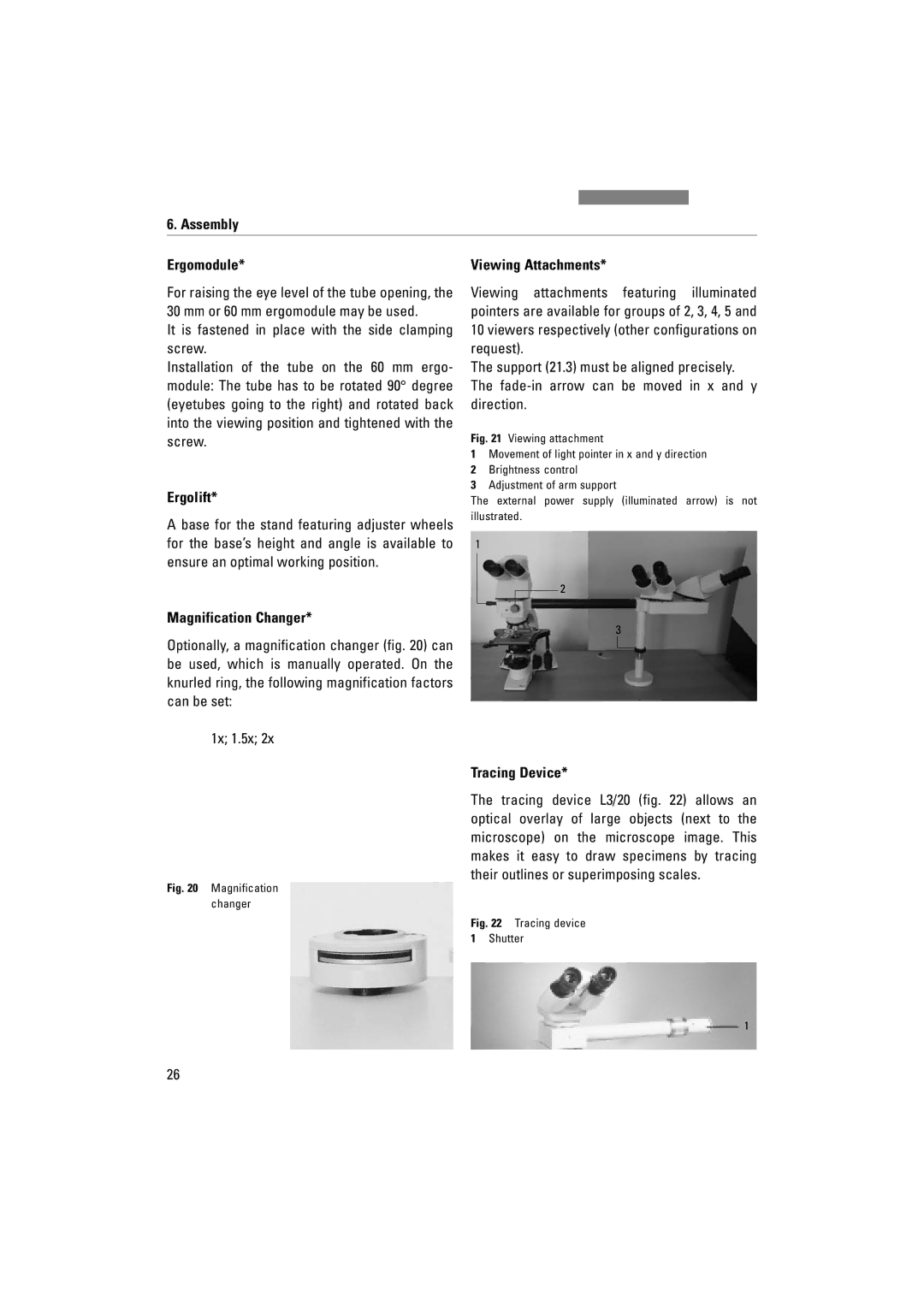 Leica DM1000 LED manual Assembly Ergomodule, Ergolift, Magnification Changer, Viewing Attachments, Tracing Device 