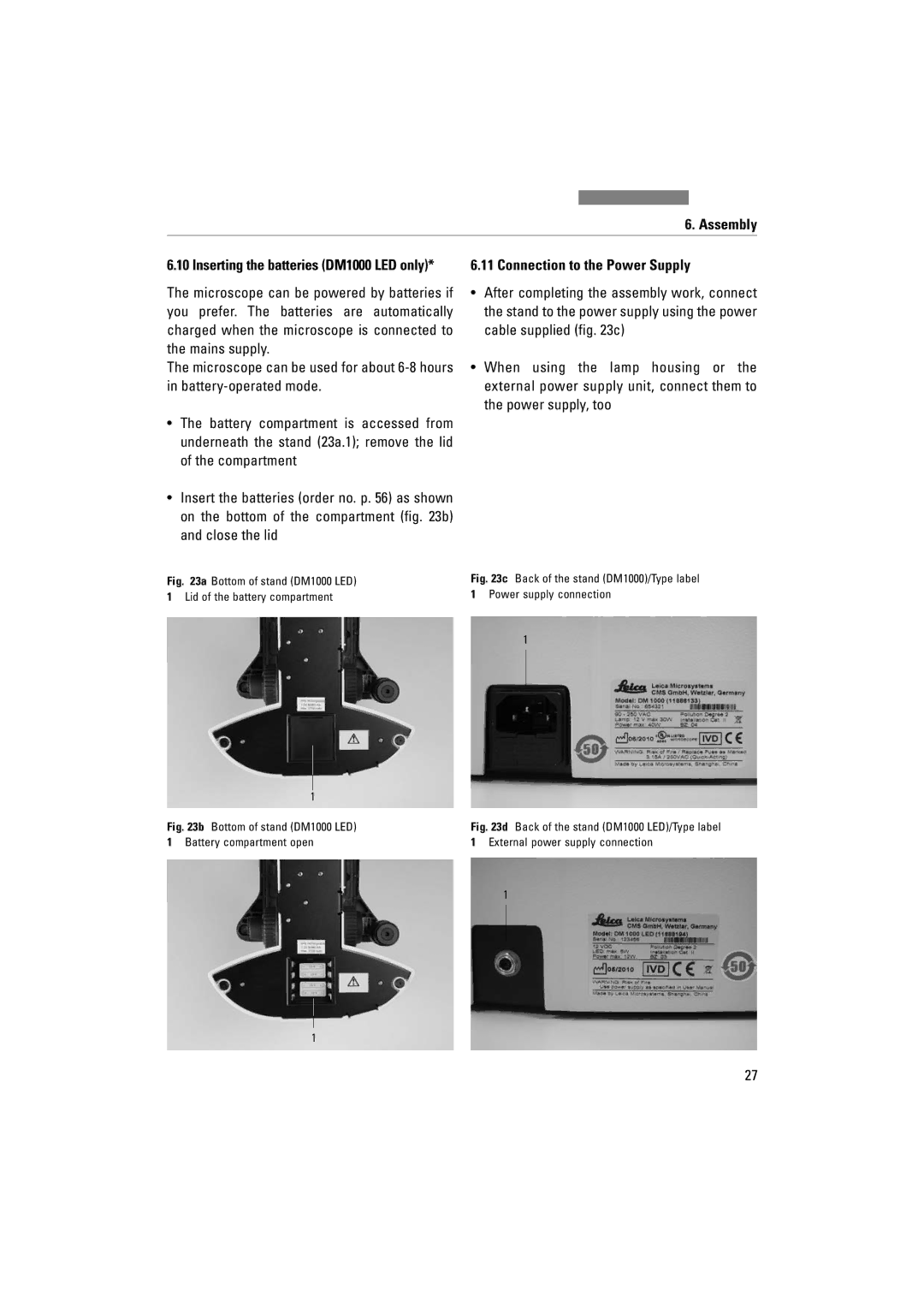 Leica manual Connection to the Power Supply, Bottom of stand DM1000 LED Lid of the battery compartment 