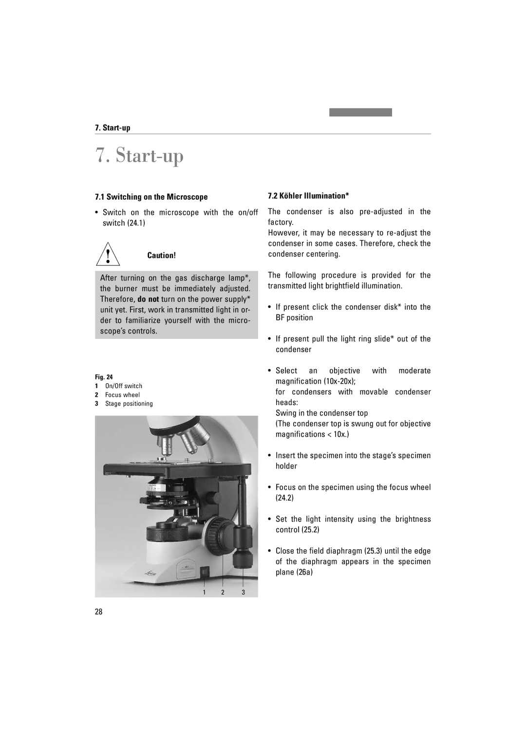 Leica DM1000 LED manual Start-up, Switching on the Microscope, Switch on the microscope with the on/off switch 