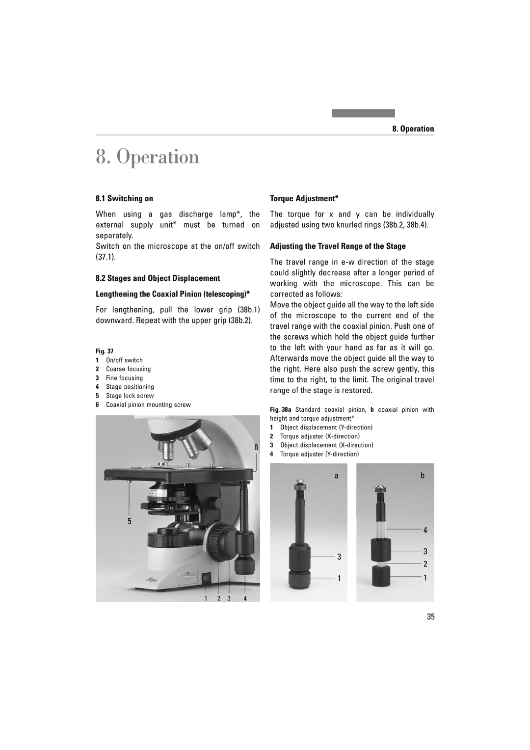 Leica DM1000 LED manual Operation, Switching on, Torque Adjustment, Adjusting the Travel Range of the Stage 