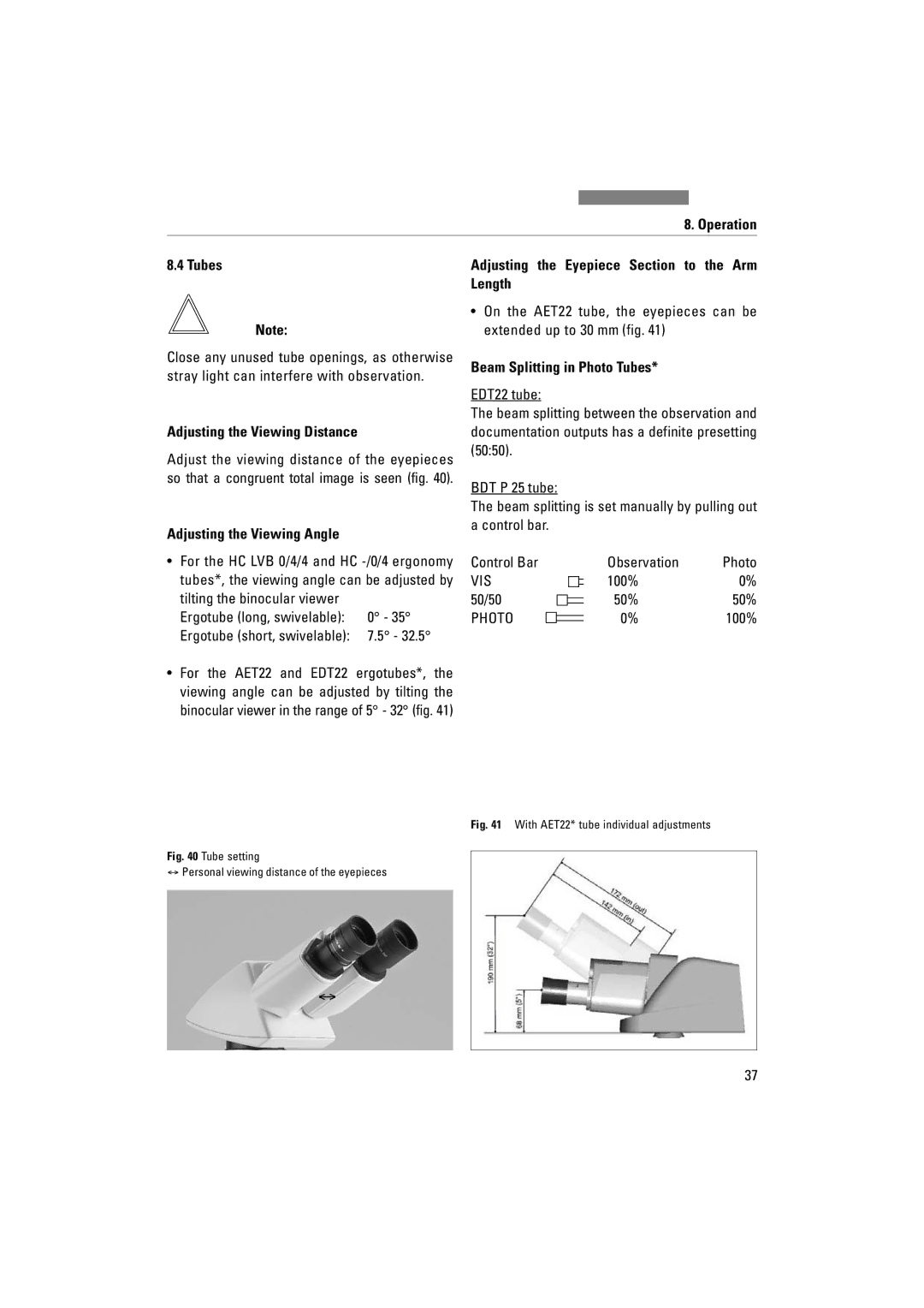 Leica DM1000 LED manual Operation Tubes, Adjusting the Viewing Distance, Adjusting the Viewing Angle 