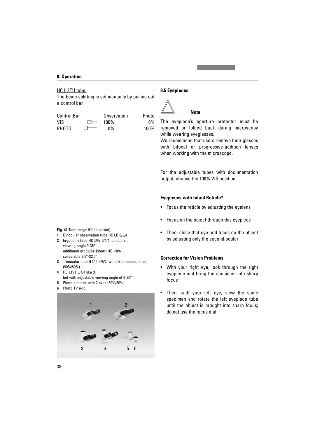 Leica DM1000 LED manual Eyepieces with Inlaid Reticle, Correction for Vision Problems, Do not use the focus dial 